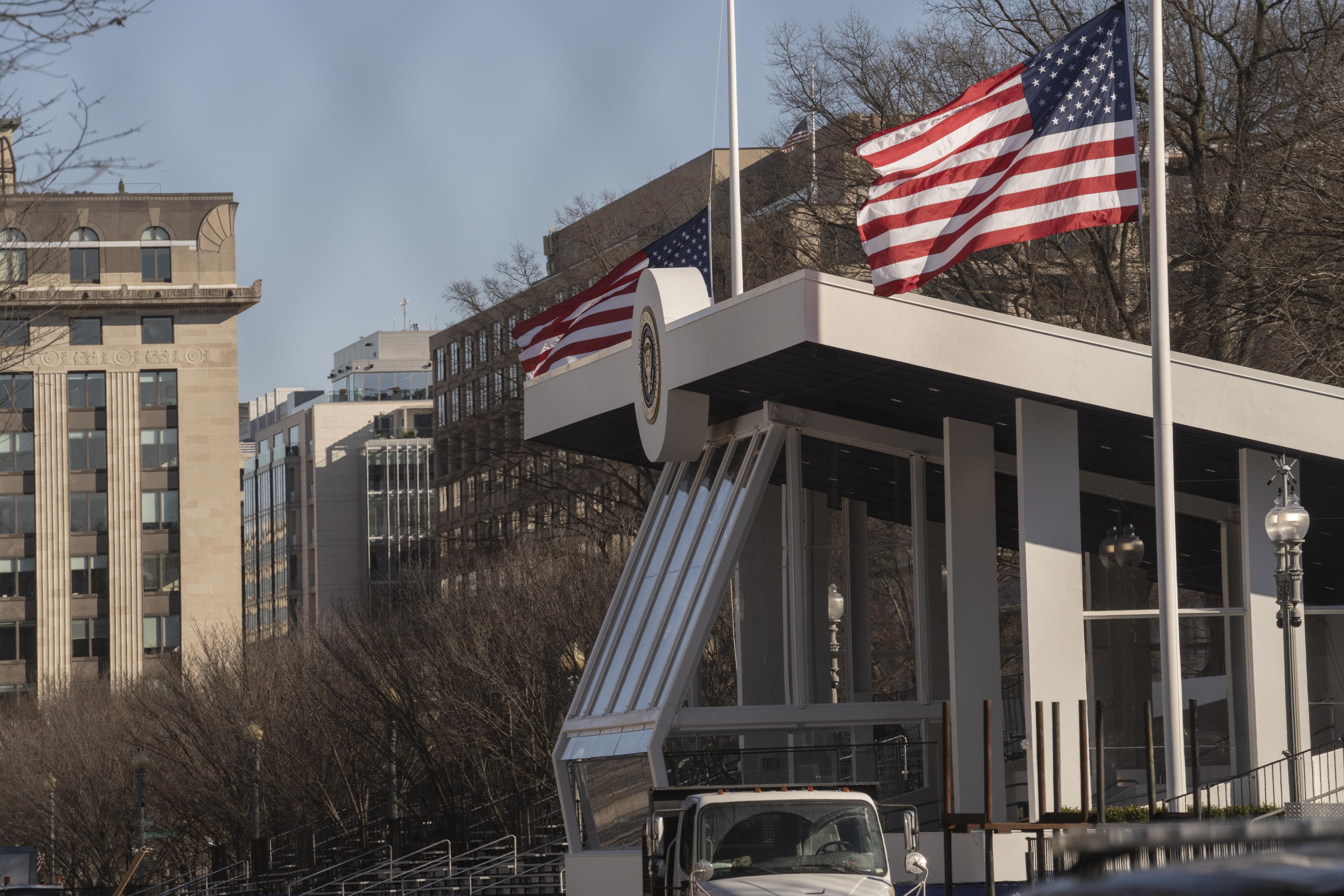 The presidential reviewing stand for the inaugural parade is already set up outside the White House, with flags at half-state in honor of former President Carter. Photo: Andrew Thomas/NurPhoto via Reuters