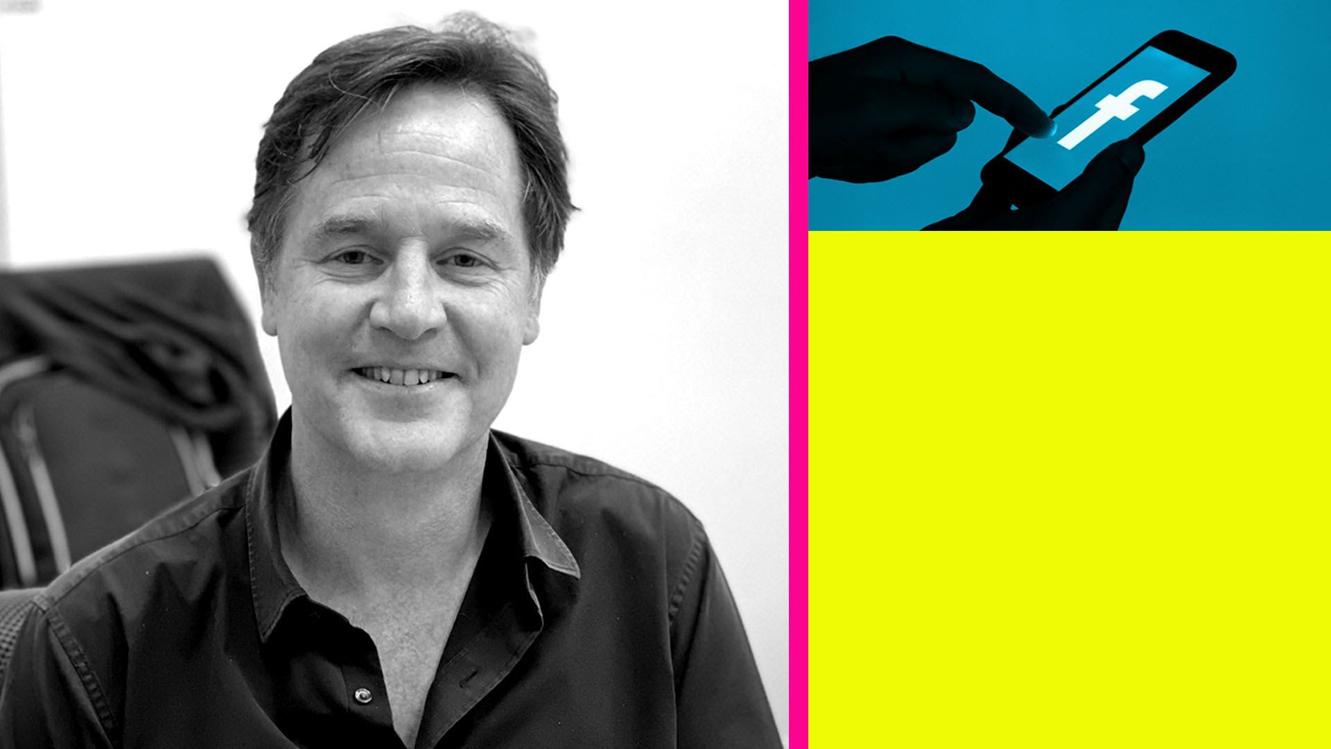 Nick Clegg, Facebook executive, next to an illustration of a finger touching a phone.