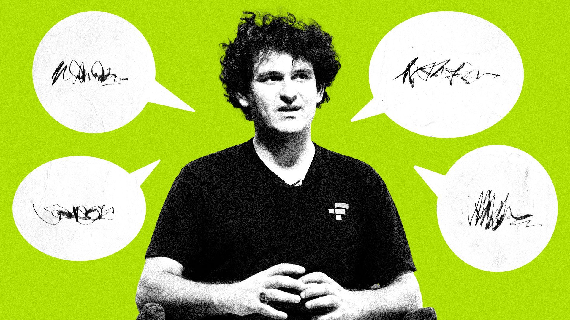 Photo illustration of Sam Bankman-Fried with speech bubbles.