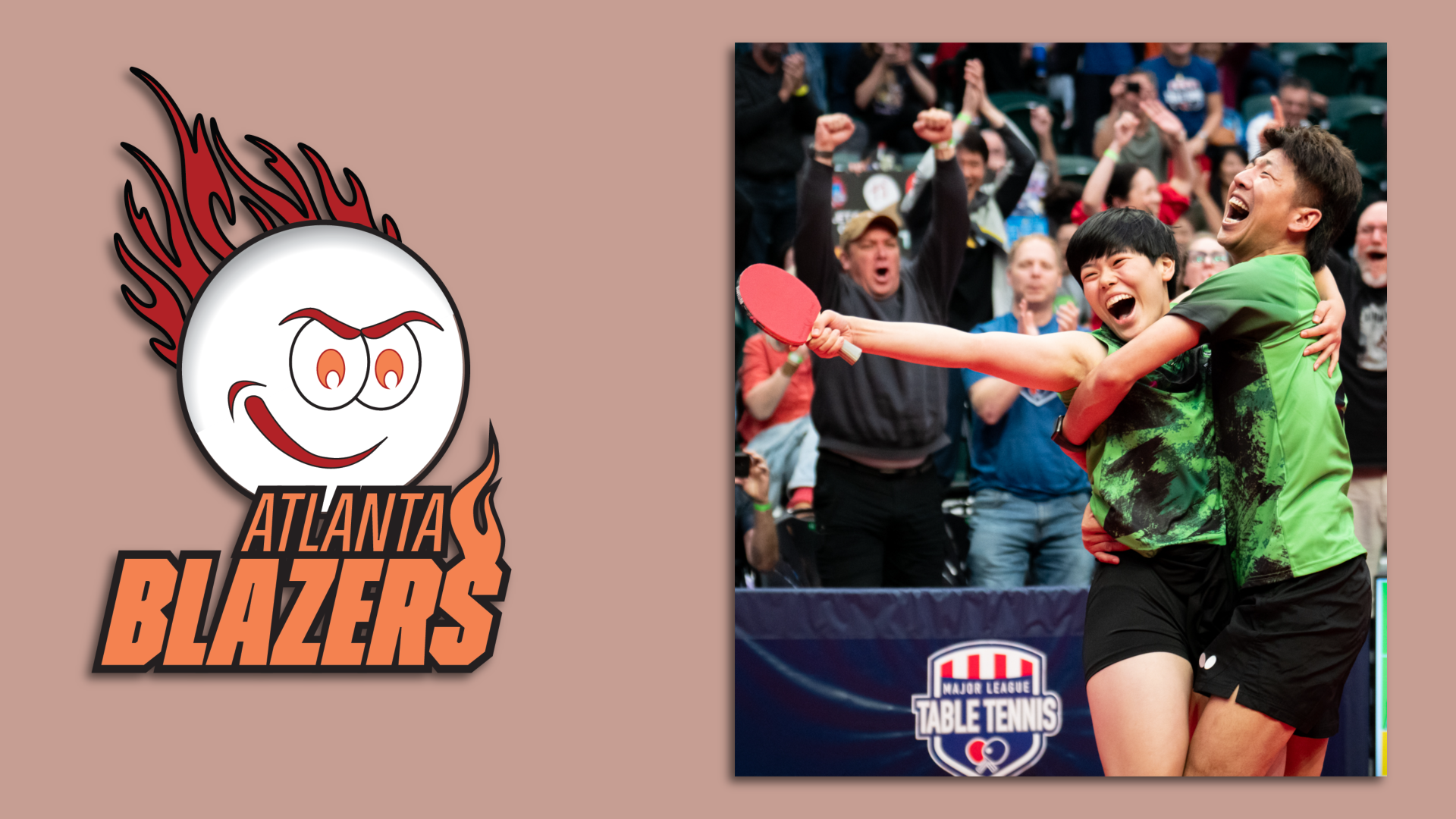 A logo of a cartoon fireball with a devious look on its face next to a photo of two table tennis players celebrating during a match.