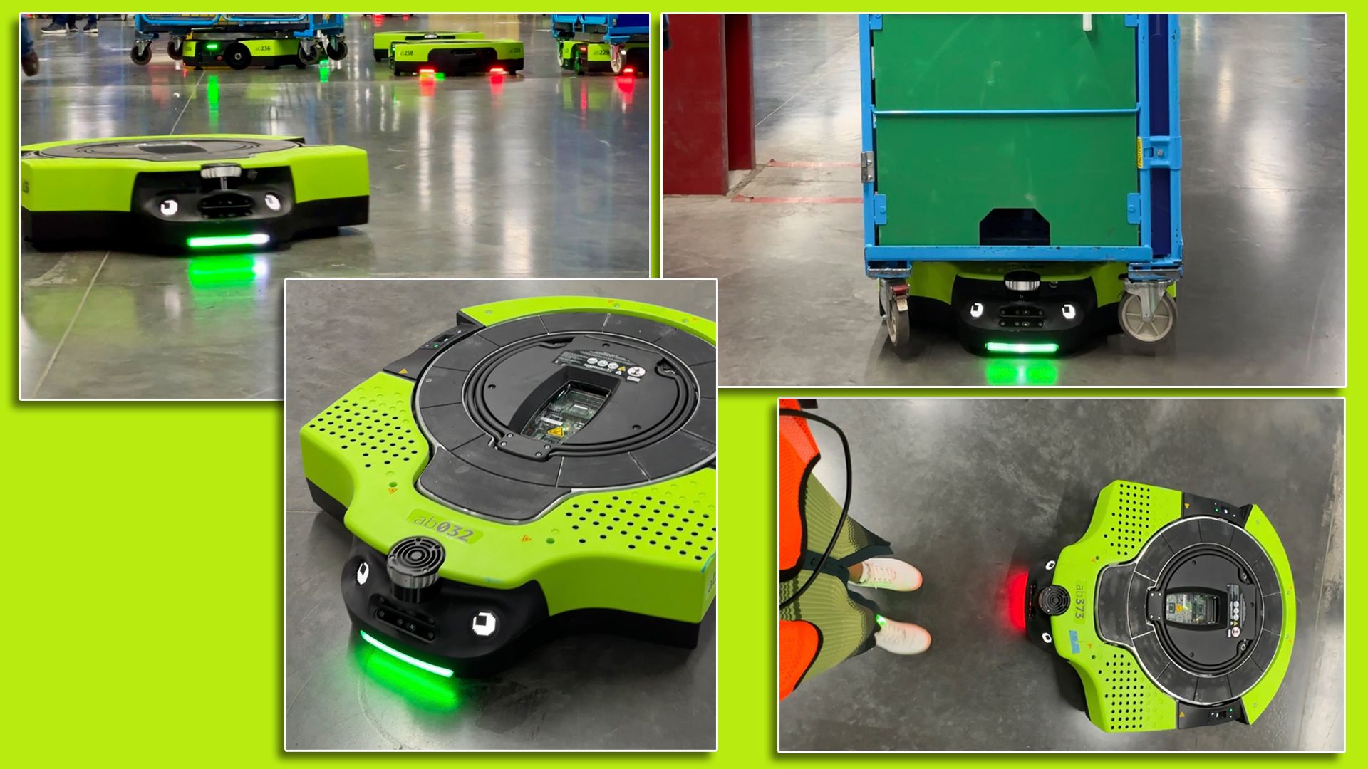 Green industrial robots on a concrete floor.