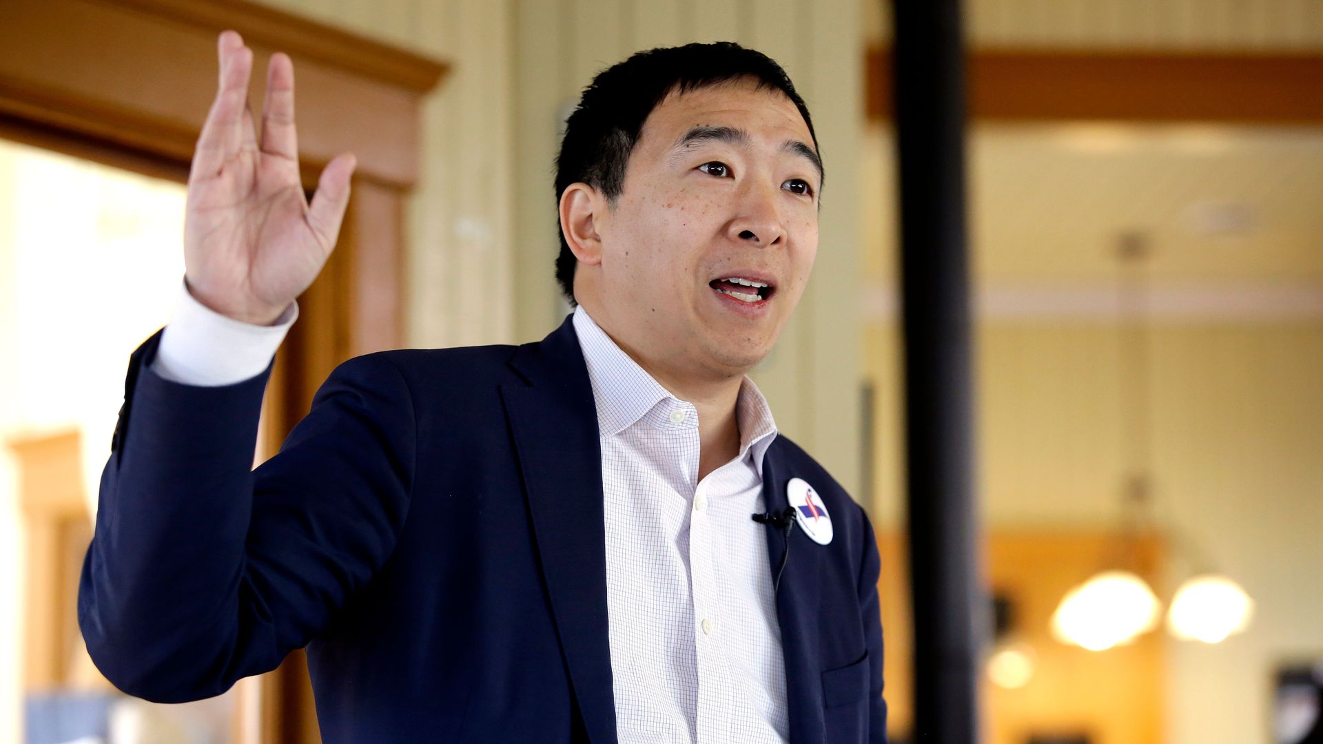 Andrew Yang speaks at a train depot in Iowa on February 1, 2019