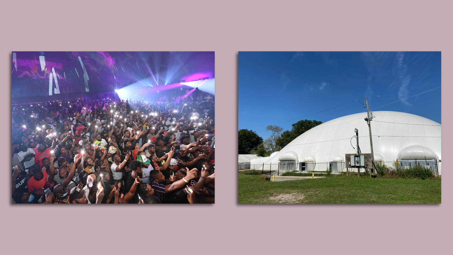 Side by side photos of a crowd holding up phones at a concert and a mound-shaped white tent-like building called Dome in the City