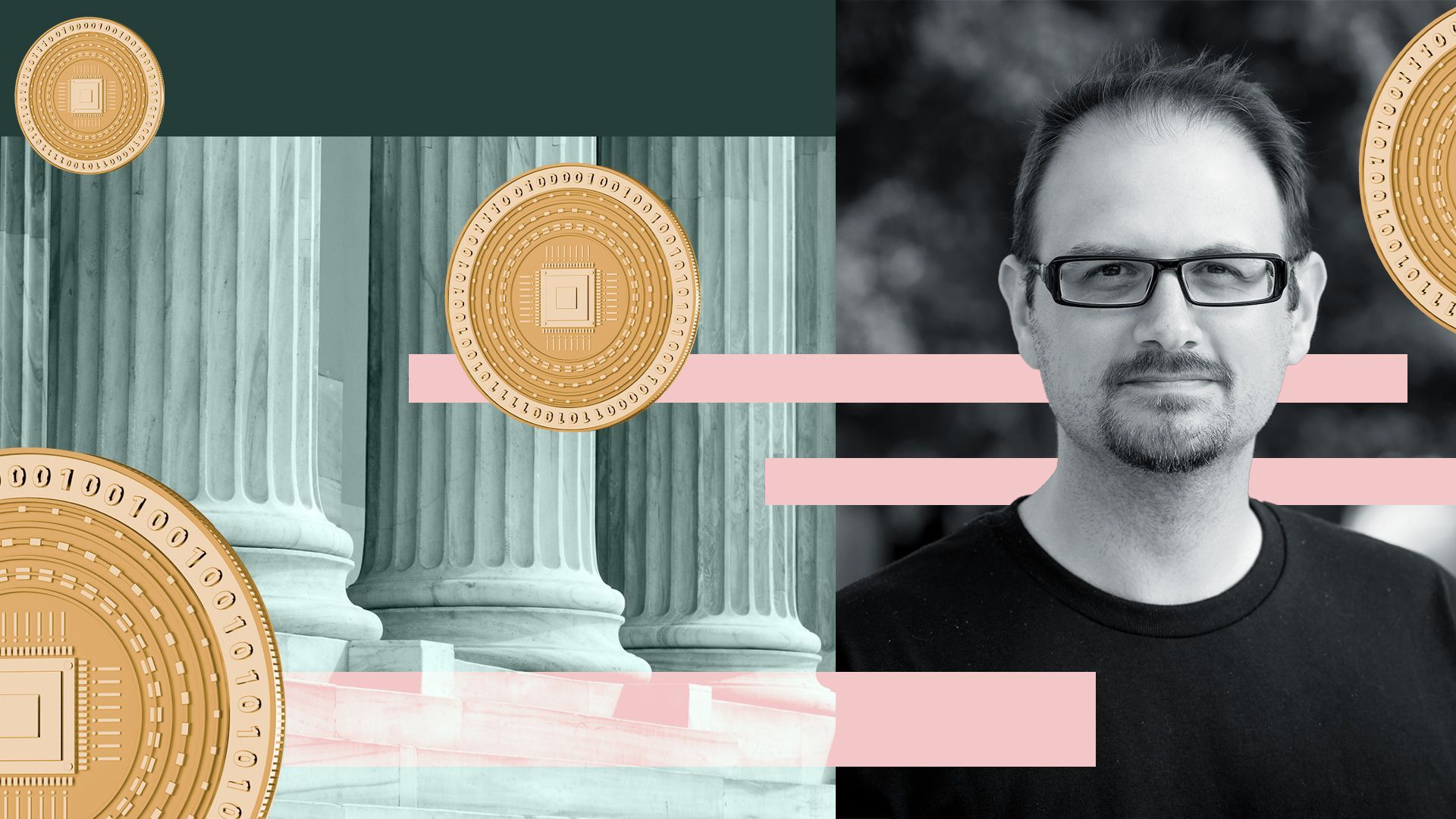 Photo illusration of Andrew Bailey with columns and digital coins.