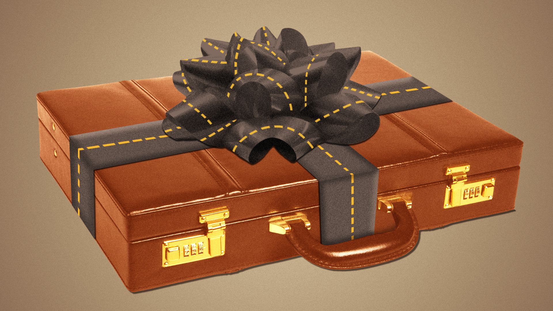 Illustration of a briefcase with a road wrapped around like a ribbon. The bow on top is a tangle of roads.