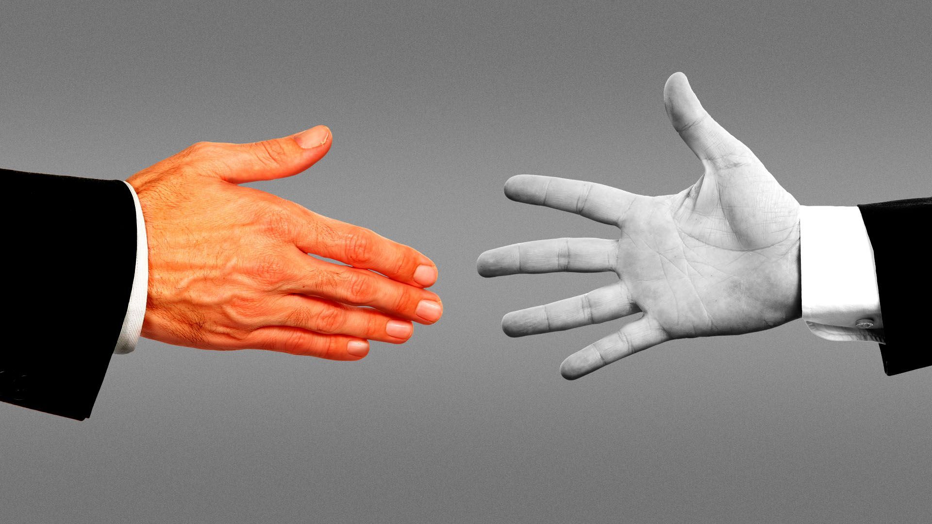 Illustration of a Trump-like hand reaching for a splayed outstretched hand