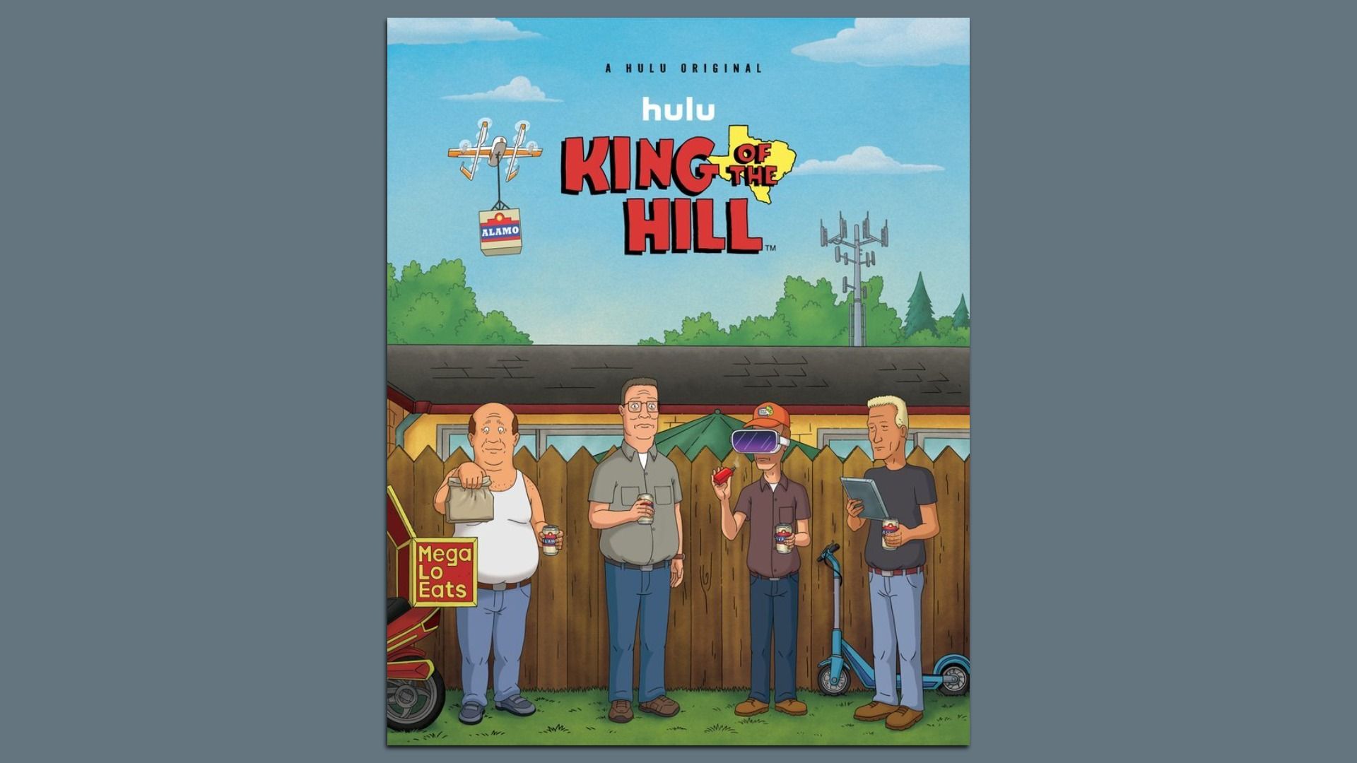 A poster that says "King of the Hill" and depicts four cartoon characters standing in front of a fence