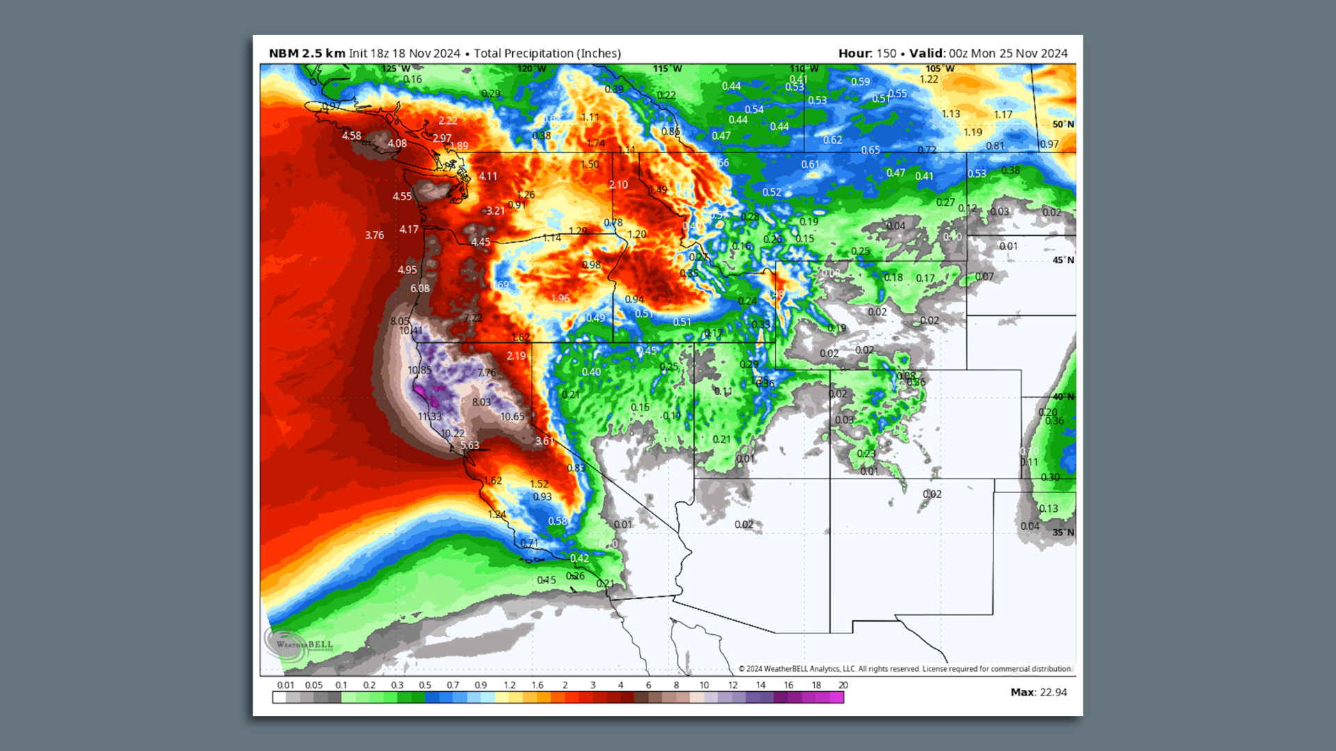 Map showing computer model projections for rainfall totals across the West Coast.