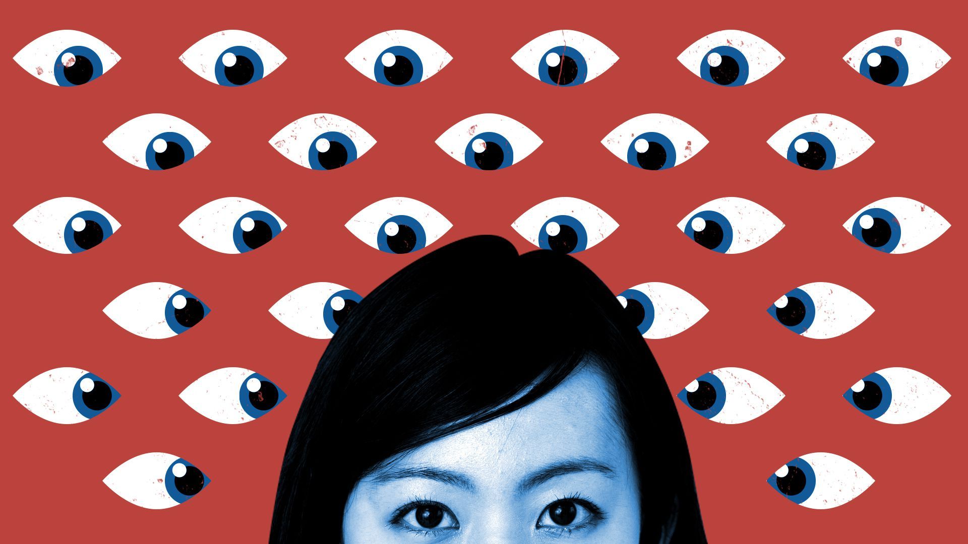 Illustration of an Asian person being watched by a wall of eyes. 