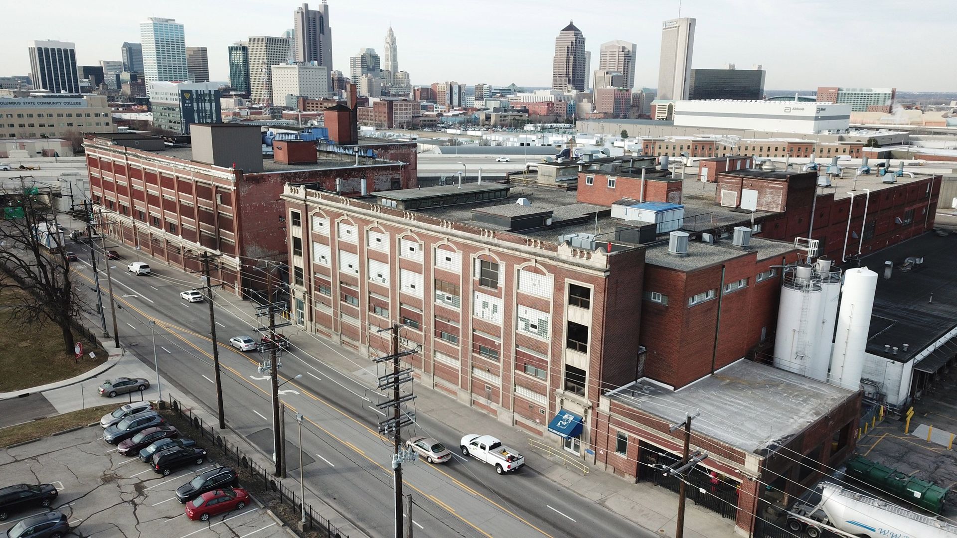 An overview shot of a former commercial bakery and factory site.