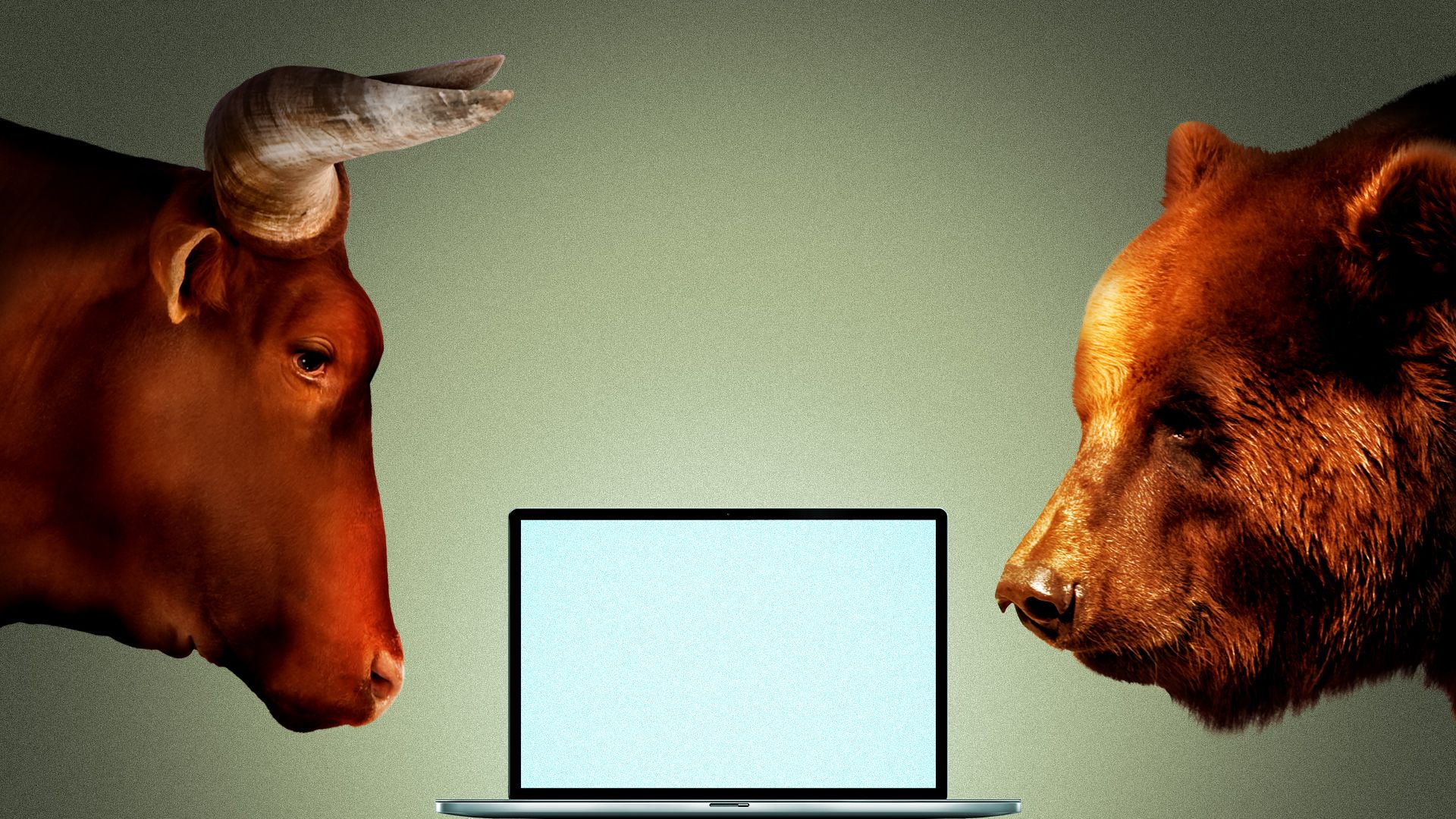 Illustration of a bull and a bear both staring down at a laptop computer