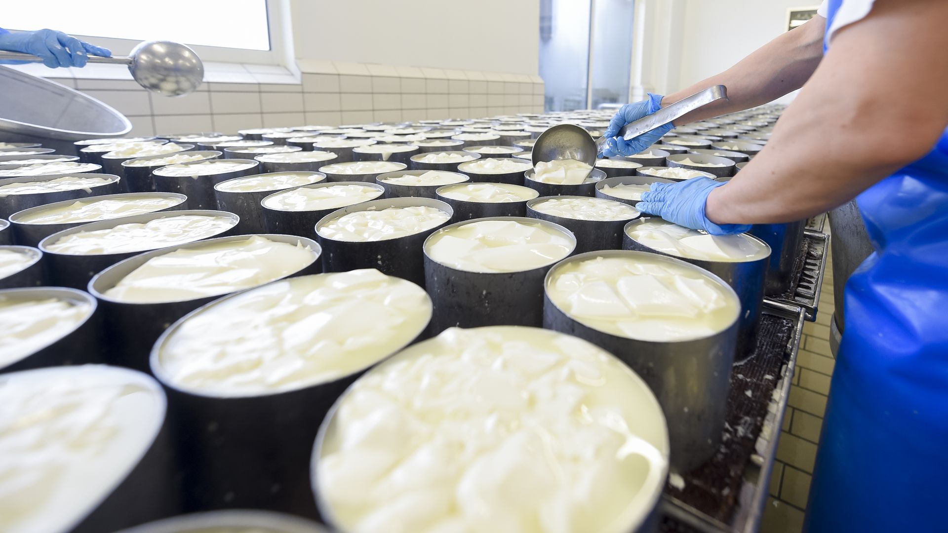 An employee controls the coagulation on February 16, 2020, at the Donge Brie de Meaux cheese factory.