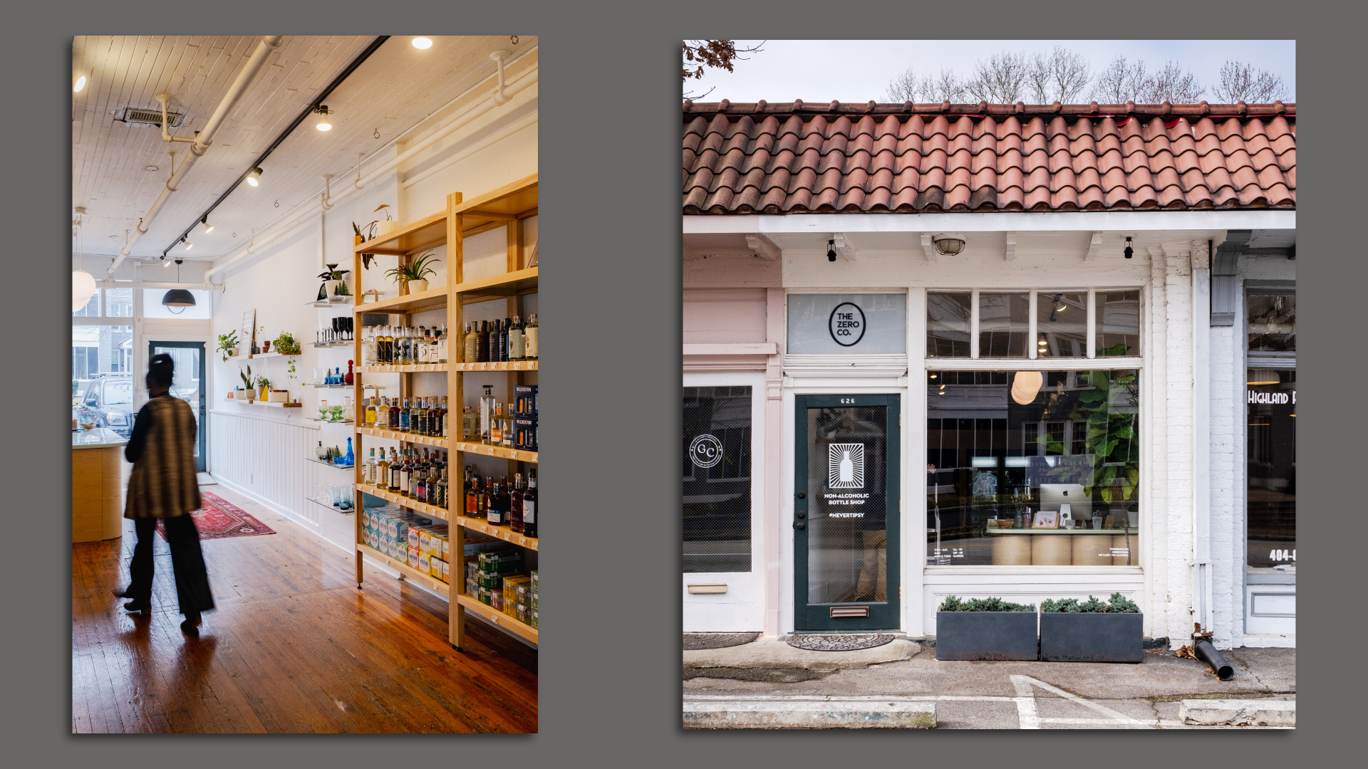 A side by side image of a person walking in a minimalist designed store with bottles on shelves and a storefront with terra cotta shingles