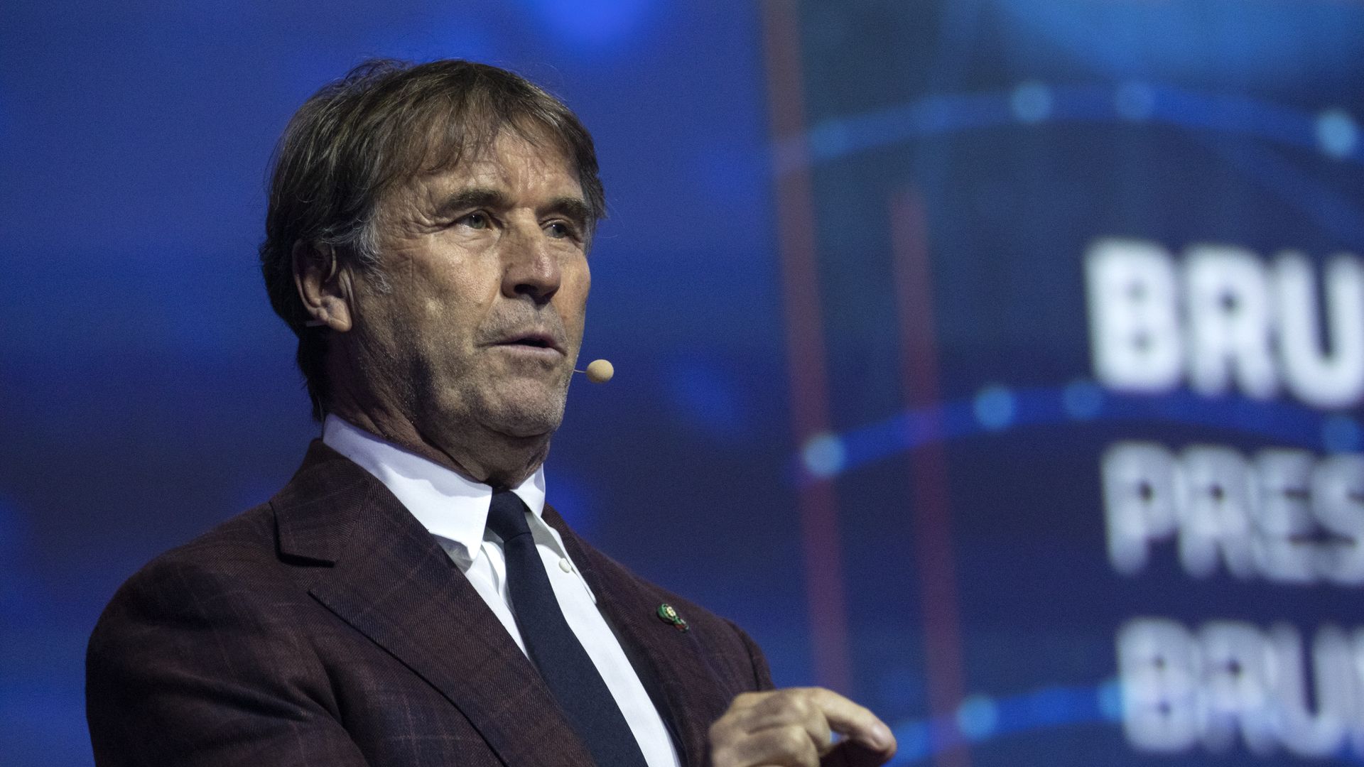 Executive chairman Brunello Cucinelli of his namesake luxury brand delivers a speech.