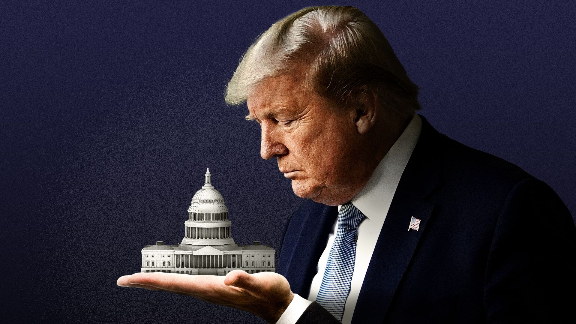 Photo illustration of Donald Trump holding the U.S. Capitol building.