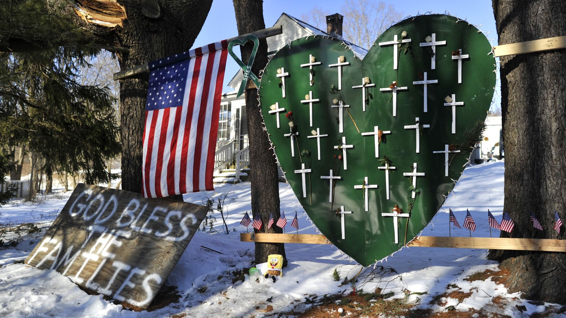 Some of the remaining memorial items to Sandy Hook Elementry students and staff who died are viewed in Newtown, Connecticut on January 3, 2013.