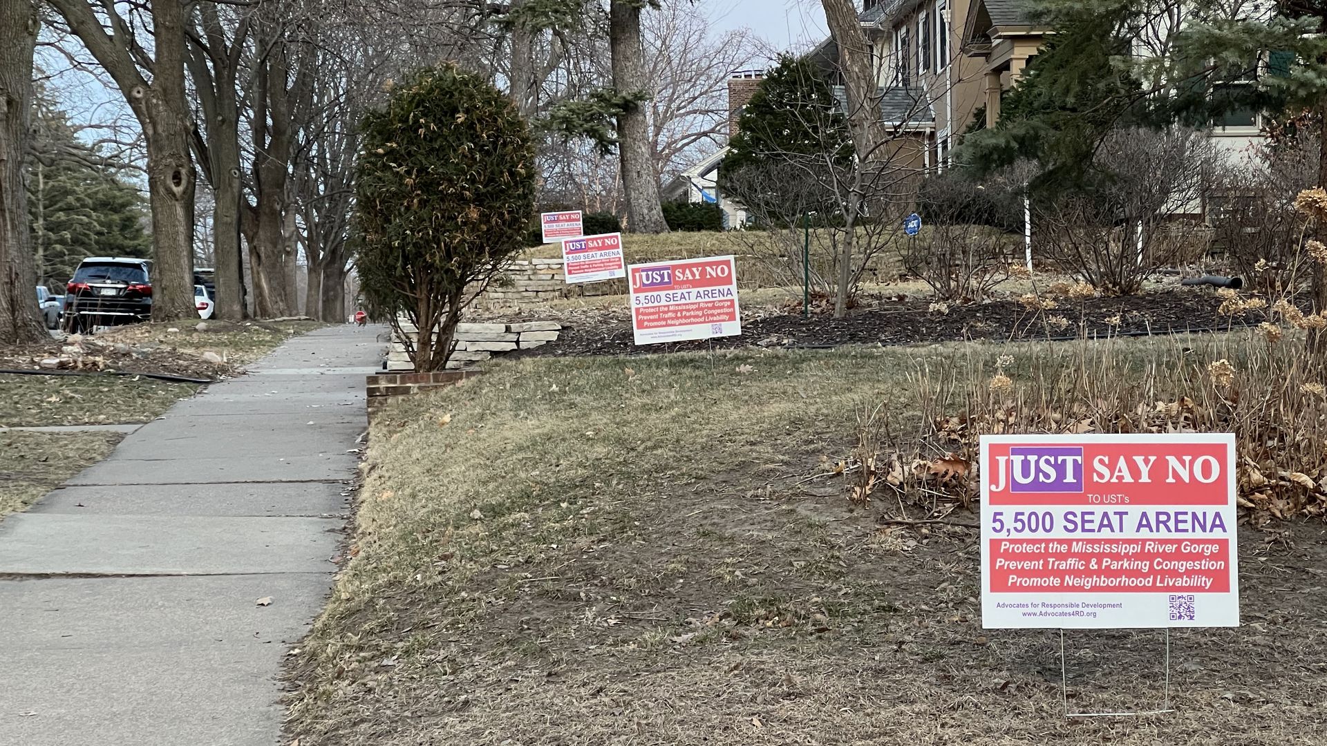 At least four yard signs reading "Just Say No, 5,500 Seat Arena" sit in yards along a residential street