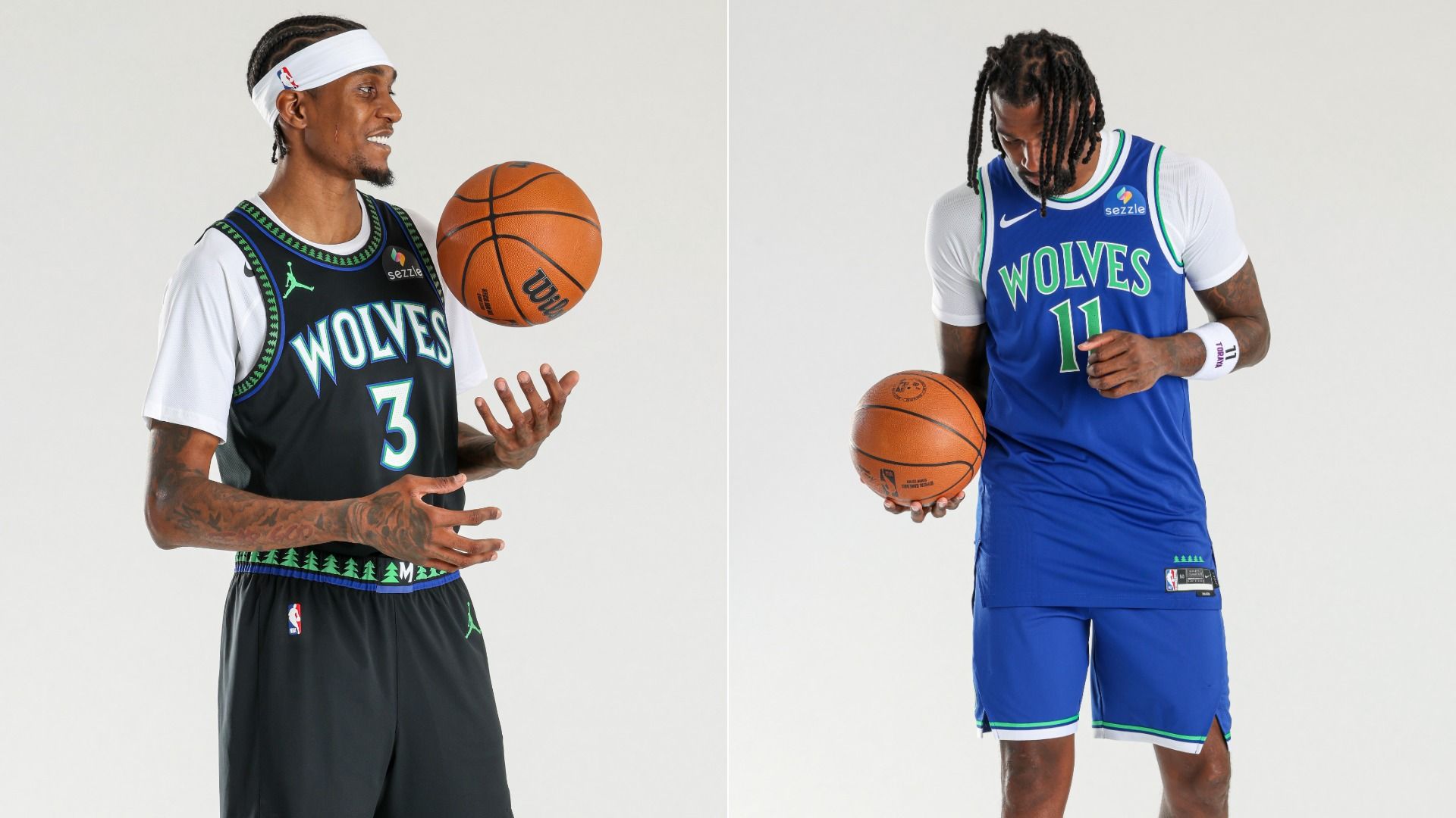 Two basketball players split in half: left in a black Wolves jersey with white sleeves and headband juggling a basketball; right in a blue Wolves jersey with white sleeves, looking down at a ball.