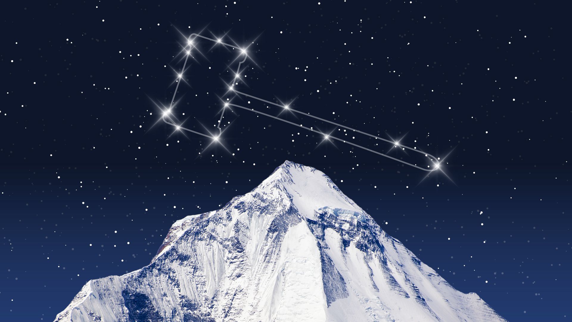 Illustration of a mountain with a constellation in the shape of a gavel above it made from stars.
