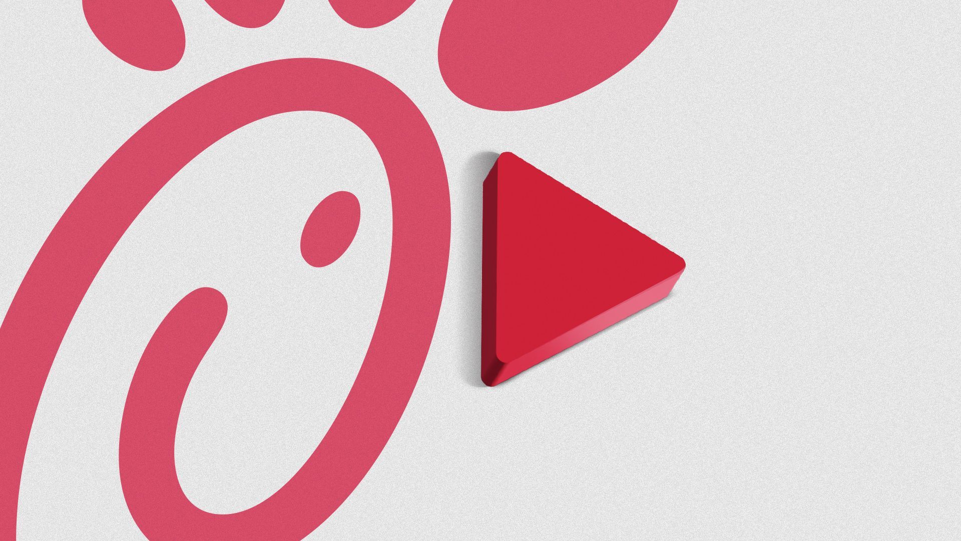 Illustration of the Chick-fil-A logo with the chicken beak stylized as a pop-up 3D play button.