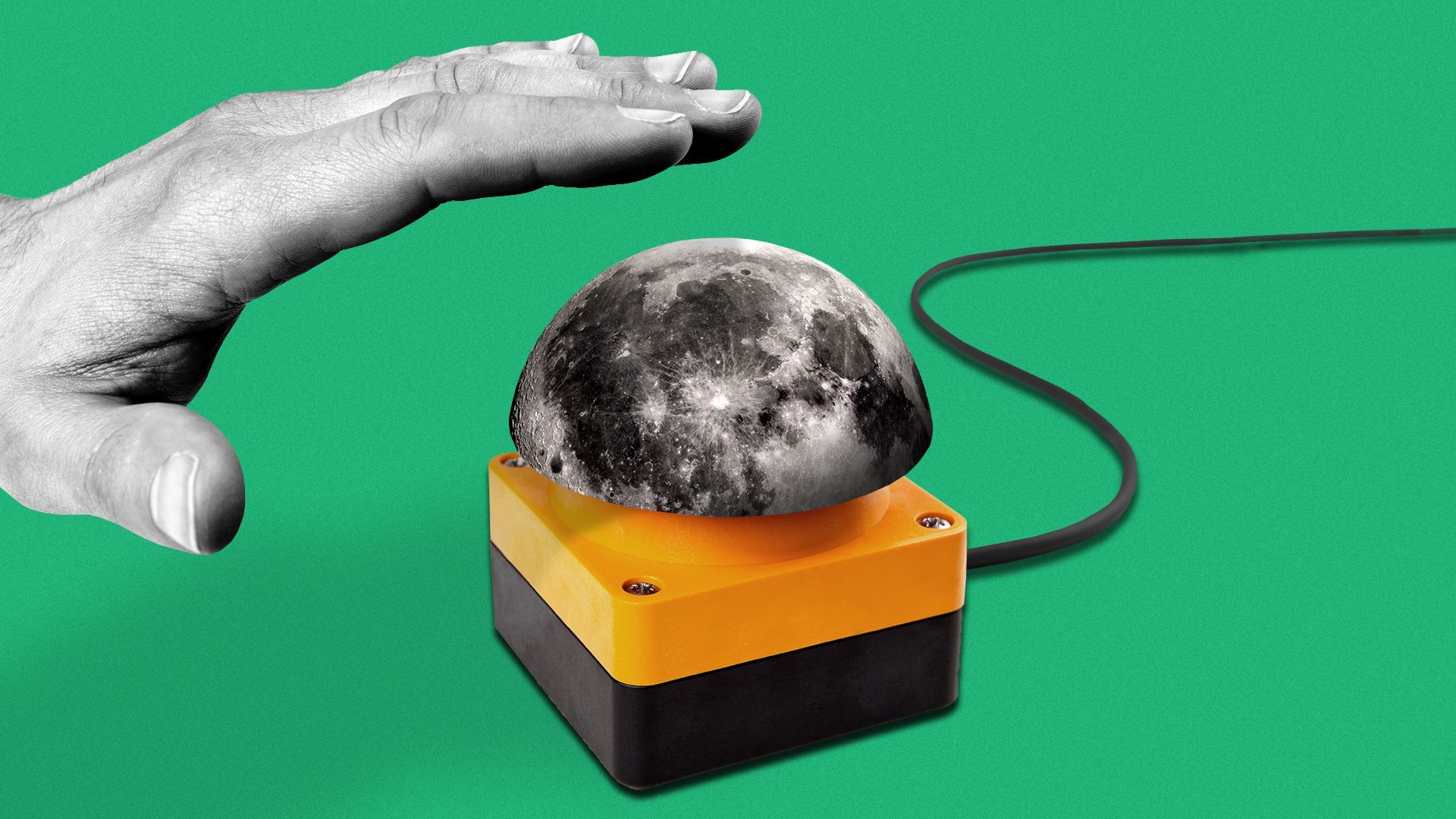 Illustration of a hand hovering over a moon on top of a game show buzzer