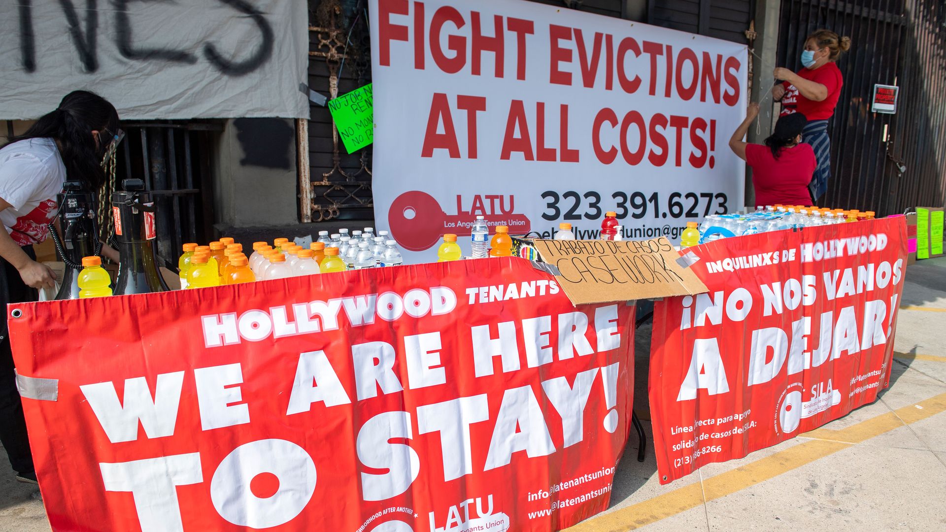 Members of the Los Angeles Tenants Union protest against evictions and give out food for the homeless on February 8, 2021 in Hollywood, California