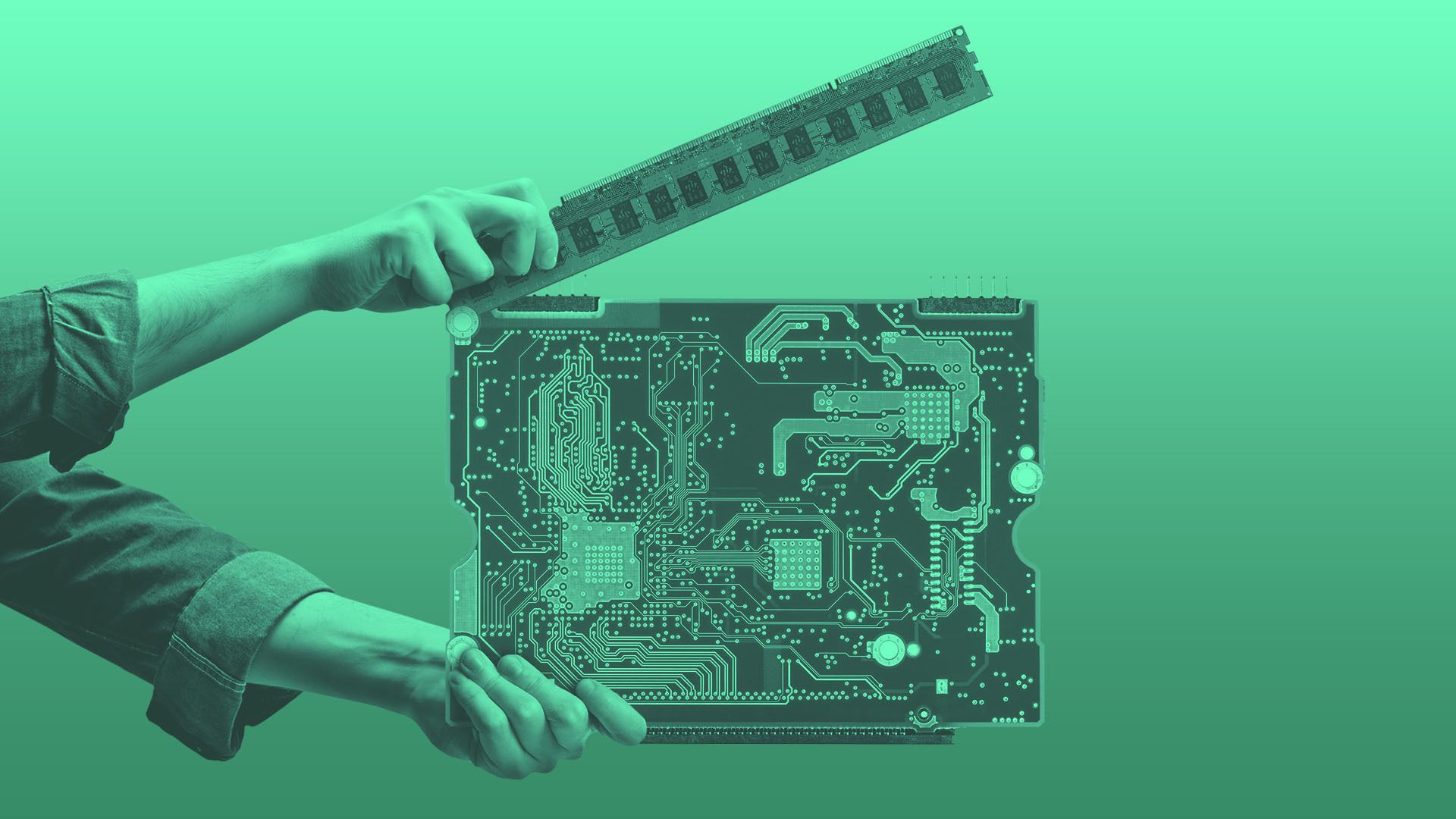 Two hands hold a computer motherboard and a RAM stick on a green gradient background, suggesting computer assembly or repair.