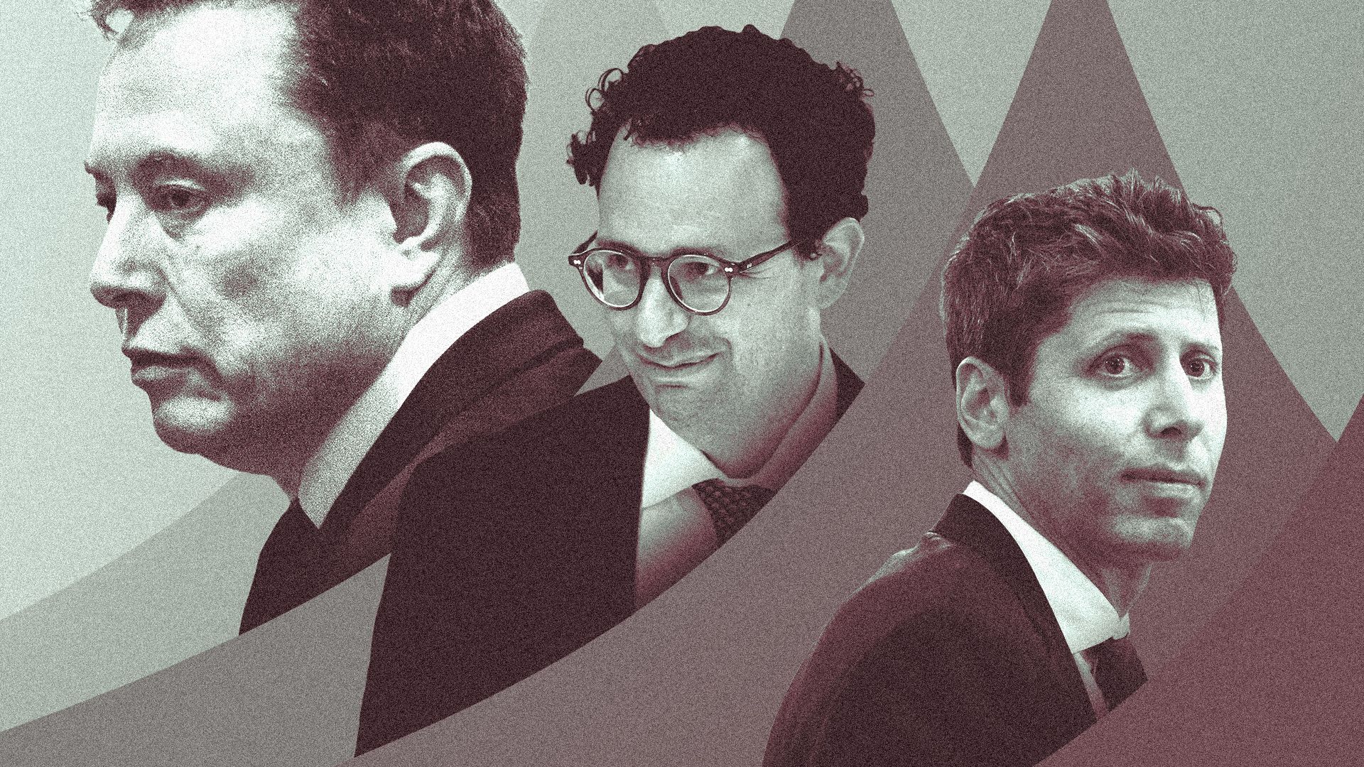 Photo illustration of a collage featuring Elon Musk, Dario Amodei and Sam Altman, framed by sparkle shapes. 