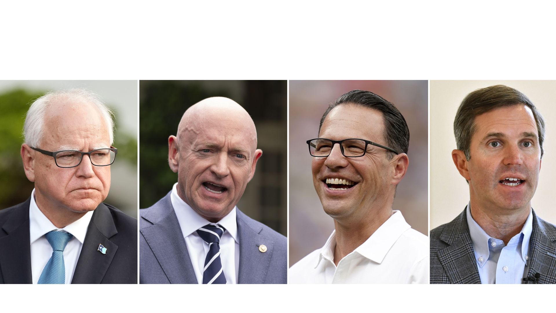 Among the finalists for Harris running-mate (from left): Minnesota Gov. Tim Walz, Sen. Mark Kelly of Arizona, Pennsylvania Gov. Josh Shapiro and Kentucky Gov. Andy Beshear. Composite: AP