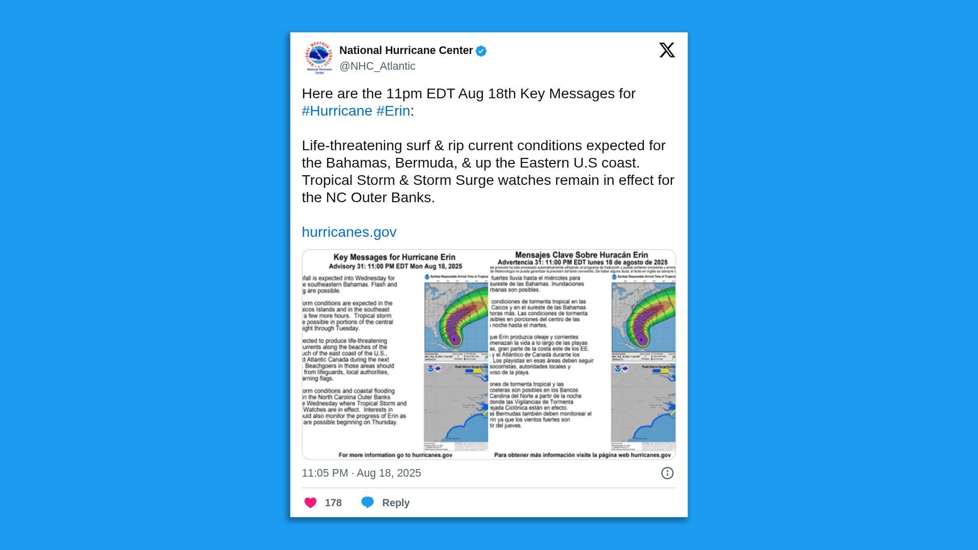 Tweet from the National Hurricane Center showing key messages for Hurricane Erin as of 11pm EDT Aug 18, 2025. Warns of life-threatening surf and rip currents from Bahamas to Eastern U.S. coast.