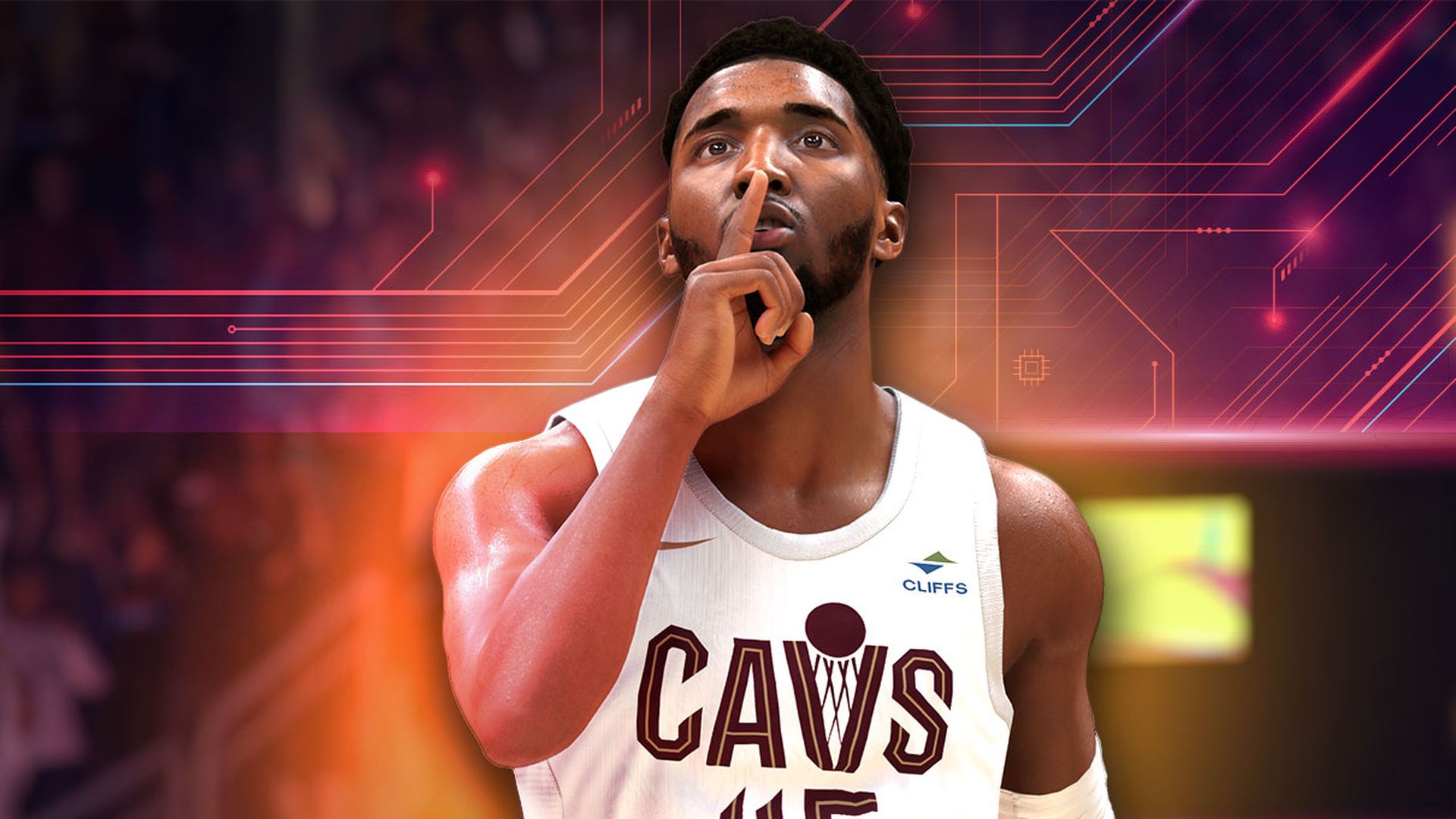 A video game version of Cleveland Cavaliers' Donovan Mitchell shushes the crowd. 