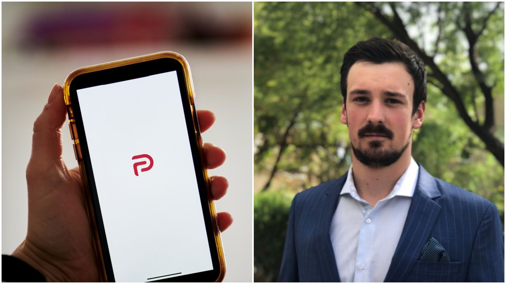 Photo of a phone with the Parler logo on the screen on the left and John Matze's portrait on the right
