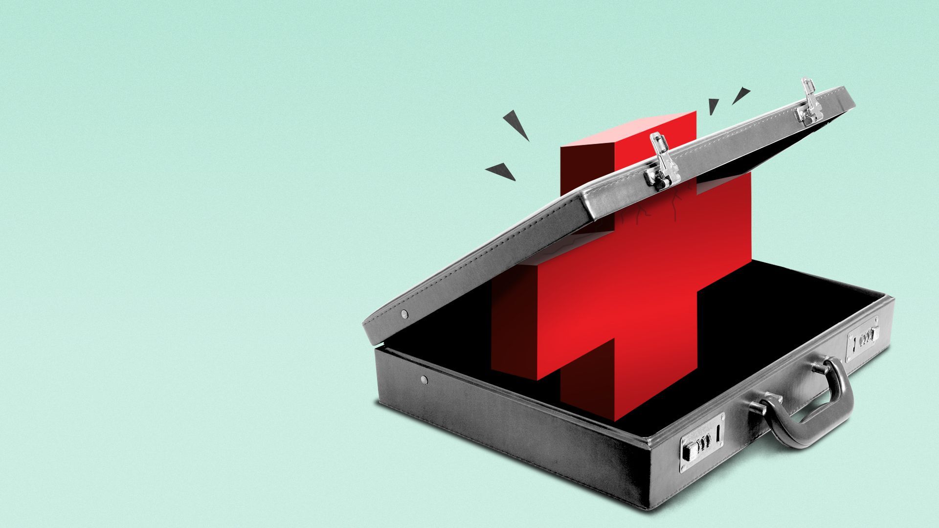 Illustration of a briefcase being broken by an oversized medical red cross symbol