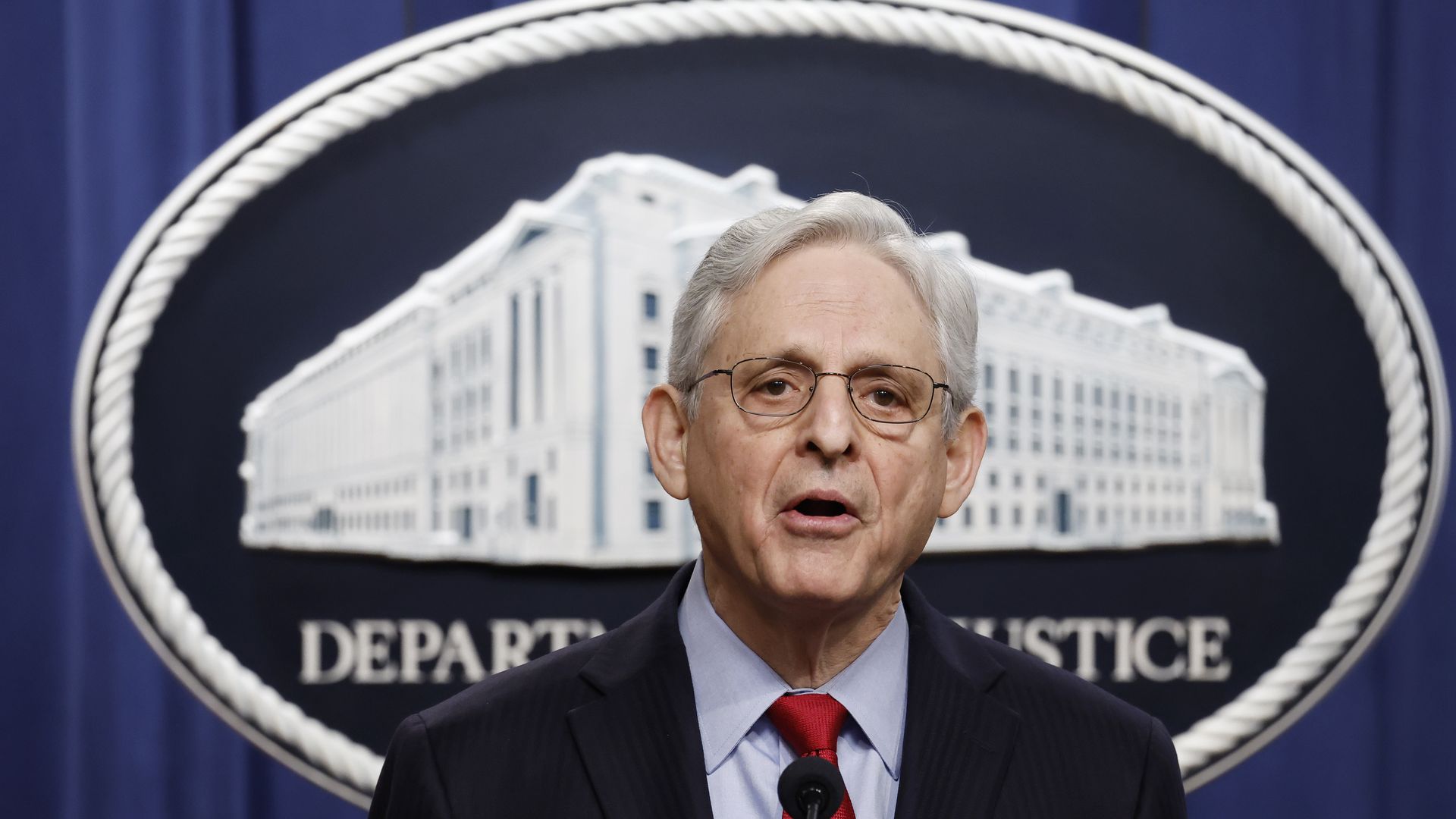  Attorney General Merrick Garland speaks during a news conference at the Department of Justice Building on March 21, 2024 in Washington, DC.