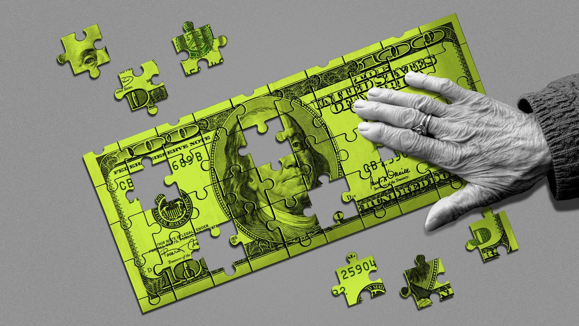 Illustration of an elderly hand touching a puzzle of a hundred dollar bill