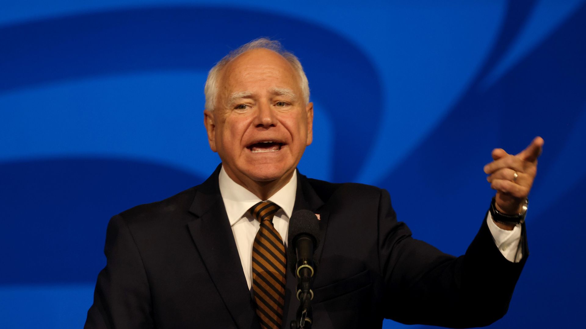 Governor Tim Walz, vice presidential nominee, delivers remarks at the AFSCME's 46th International Convention in Los Angeles on August 13, 2024. Walz was joined by AFSCME President Lee Saunders and public service workers from all over the U.S. (Genaro Molina/Los Angeles Times via Getty Images)