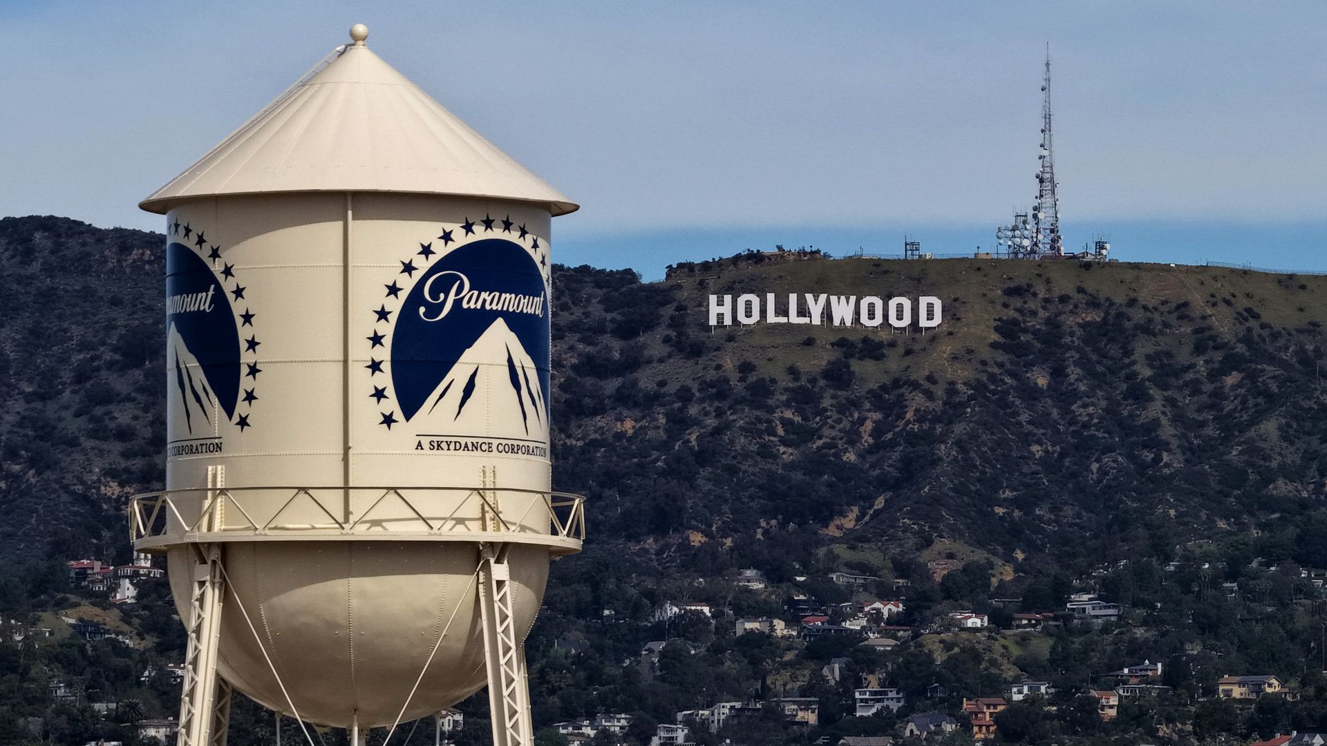 An aerial view of the Paramount logo on the water tower at Paramount Studios on February 23, 2026 in Los Angeles.