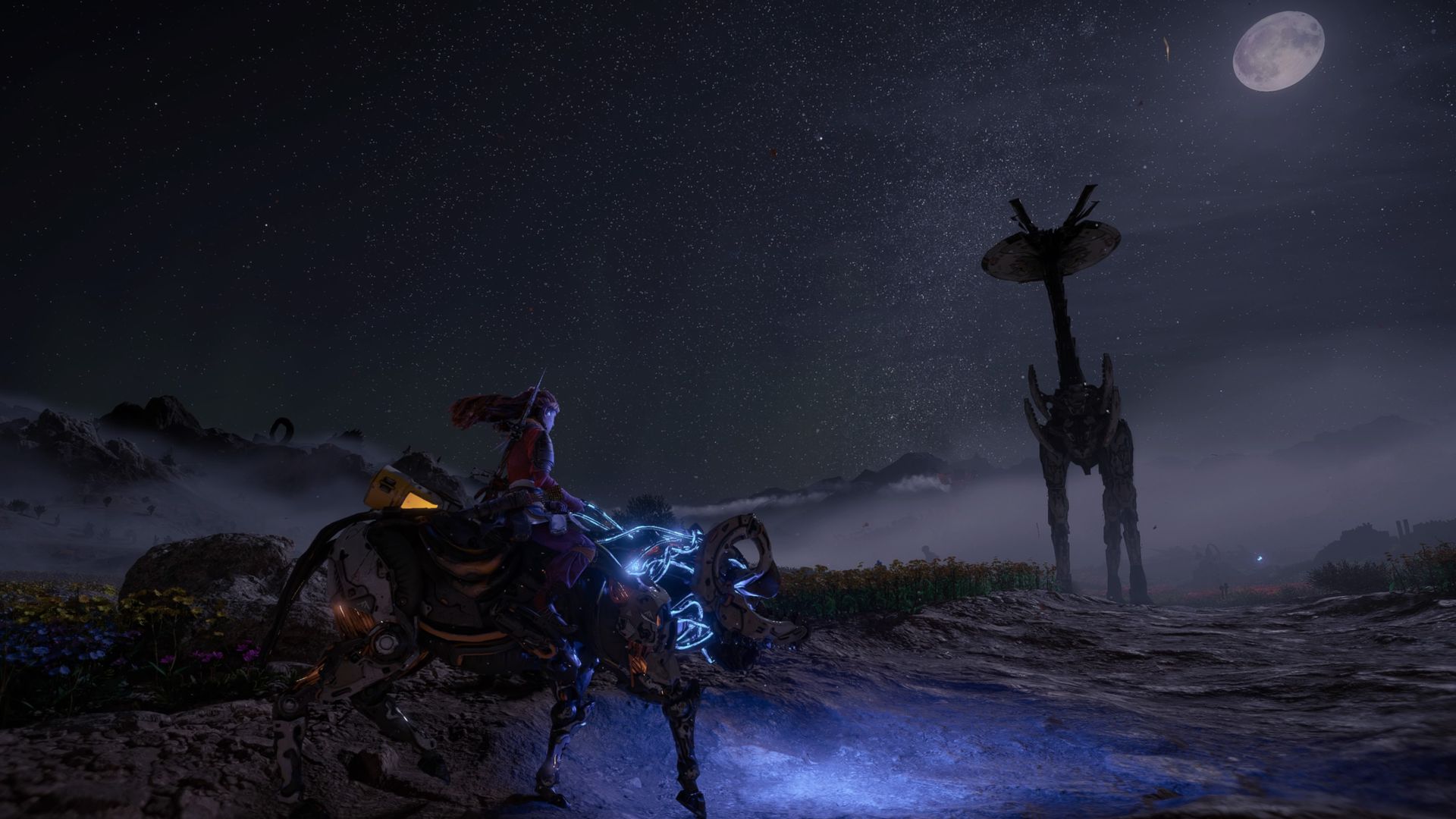 Video game screenshot of a woman riding a mechanical horse at night, approaching a tall giraffe-like robot