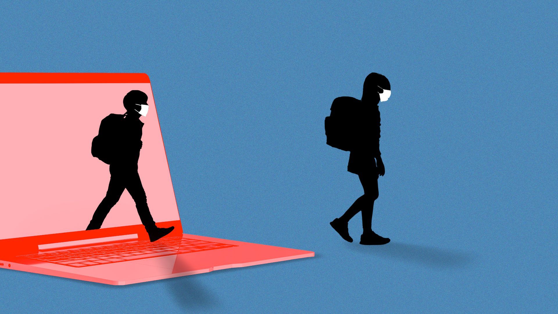 Illustration of two masked students walking out of a laptop. 