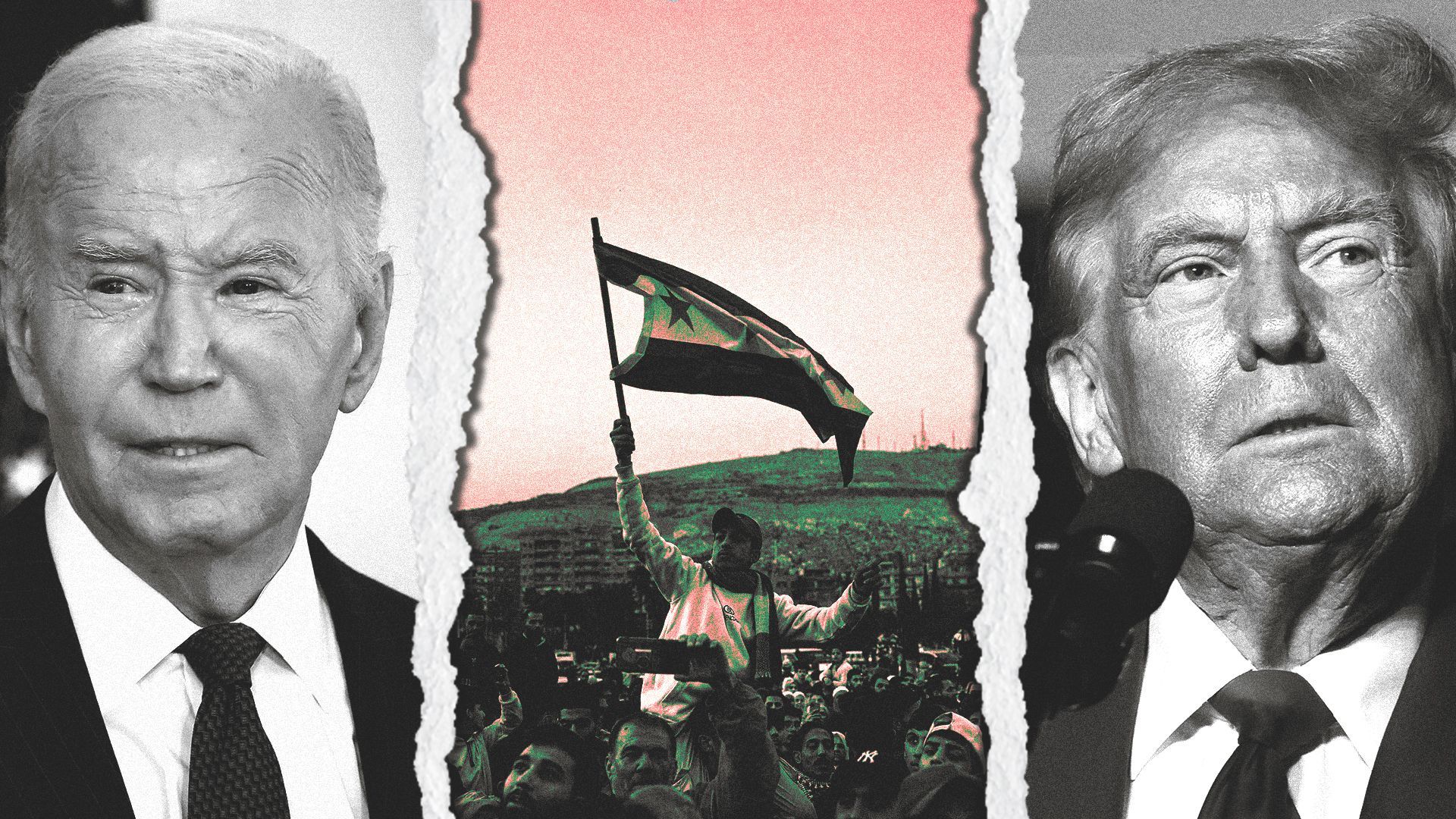 Photo illustration of a collage of a crowd with a man waving a Syrian flag in Damascus, Syria, between ripped photos of Joe Biden and Donald Trump.
