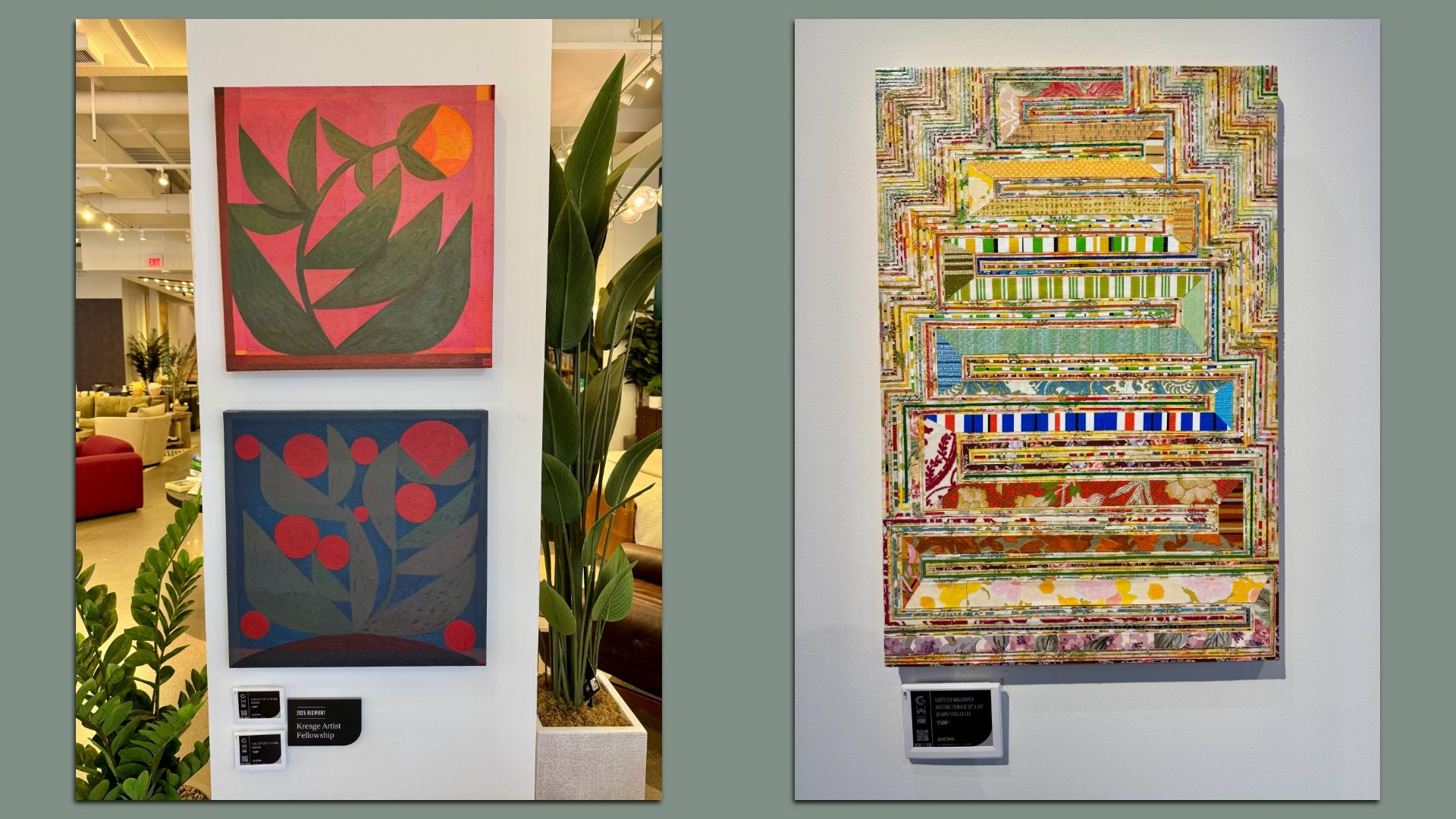 Two photos of art. On the left, two paintings of flowers. On the right, an abstract, geometric piece made of intricate wallpaper layers. 