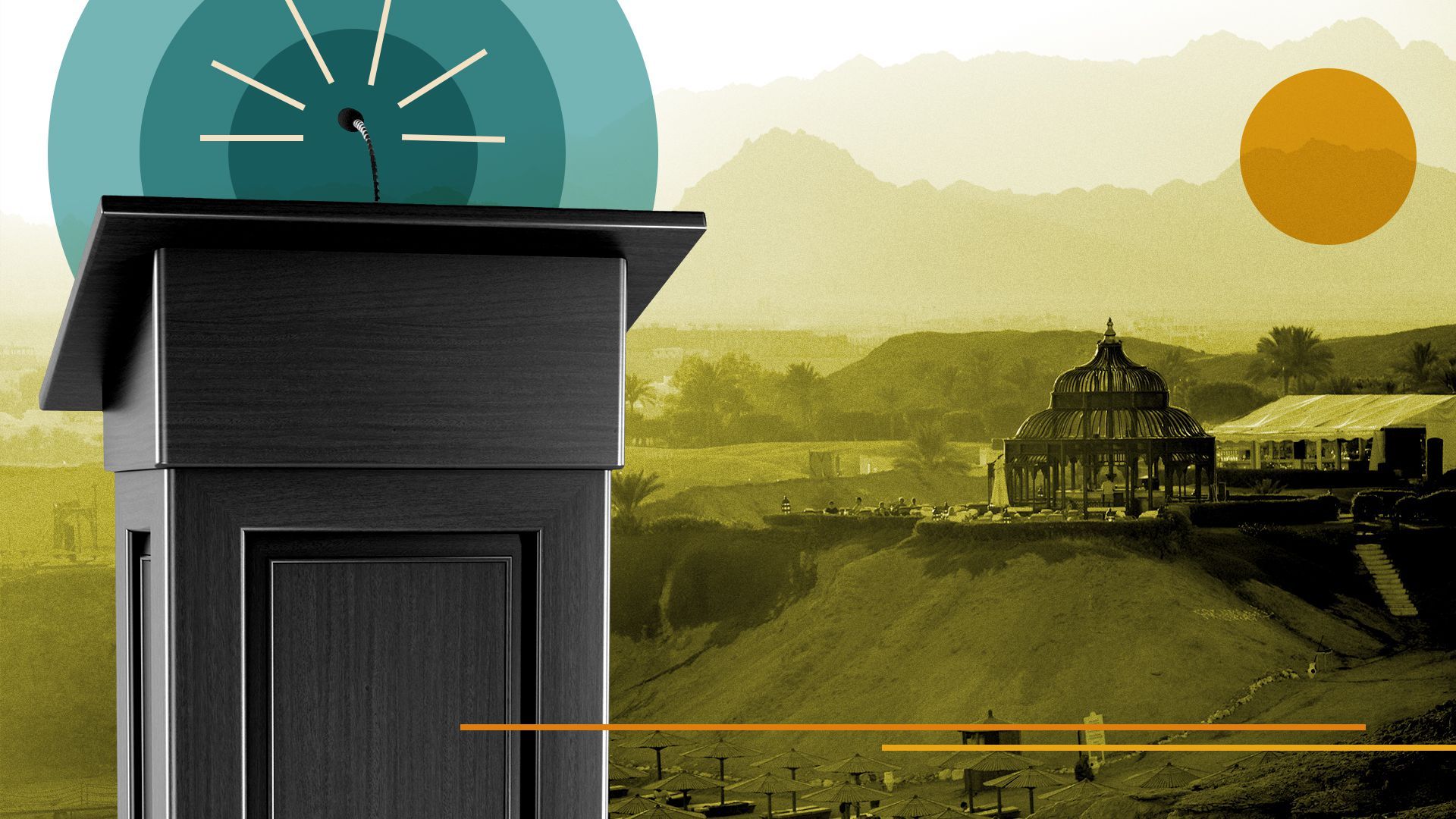 Illustration of a podium against the landscape of Sharm El-Sheikh, Egypt.