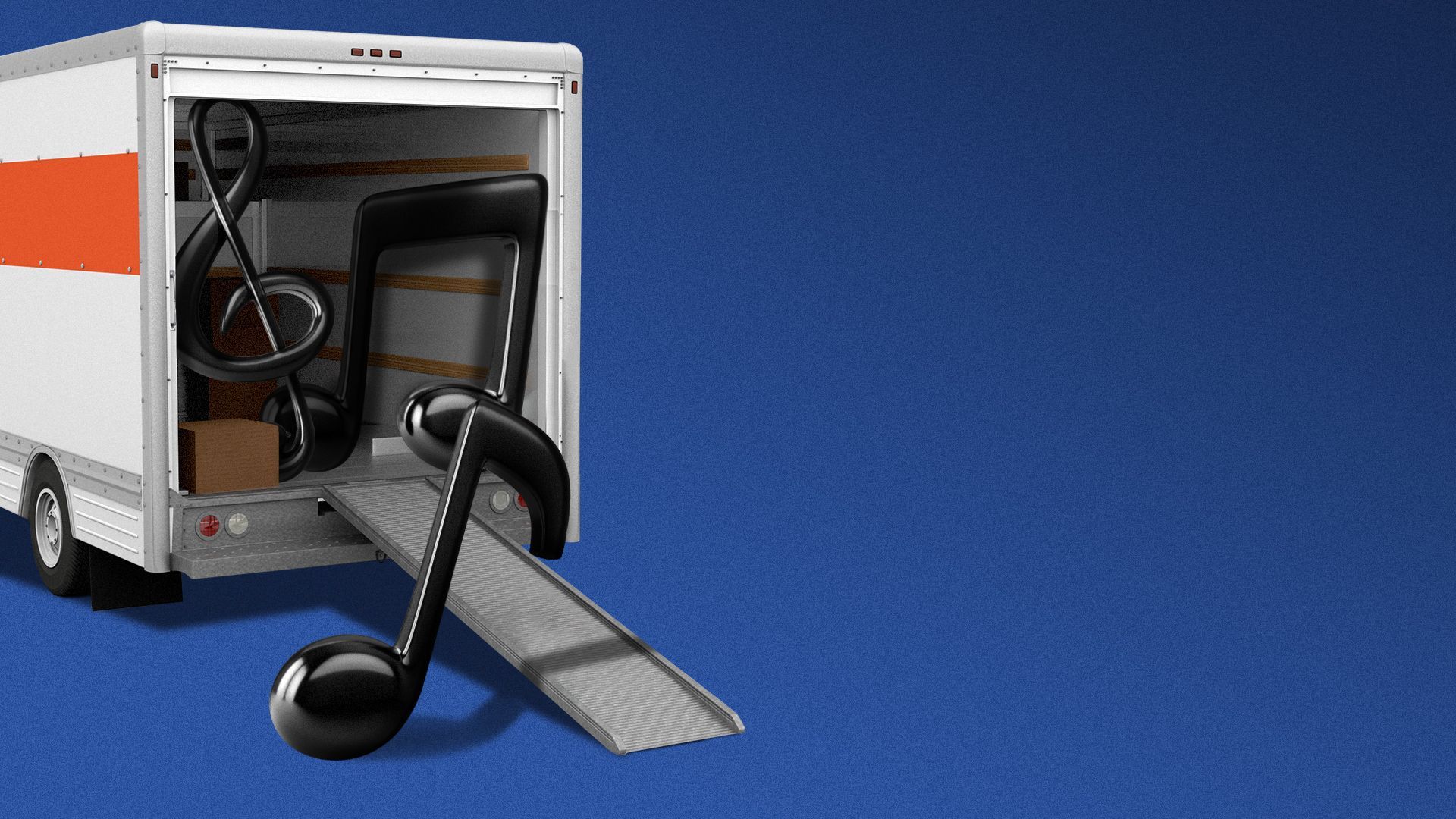 Illustration of music notes in a moving truck.