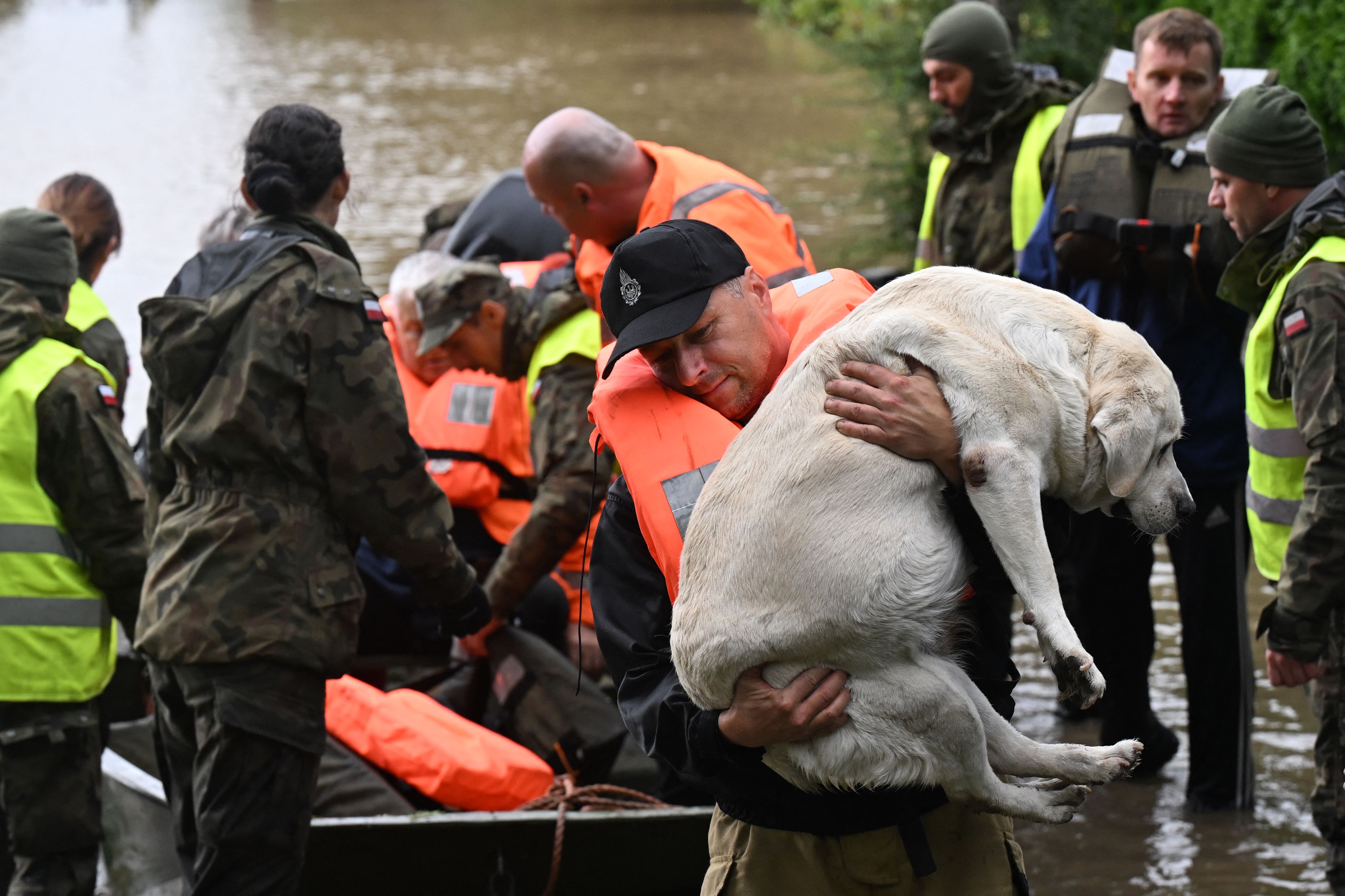 Polish rescuers and soldiers evacuate local residents and their dog in the village of Rudawa, southern Poland, on September 15
