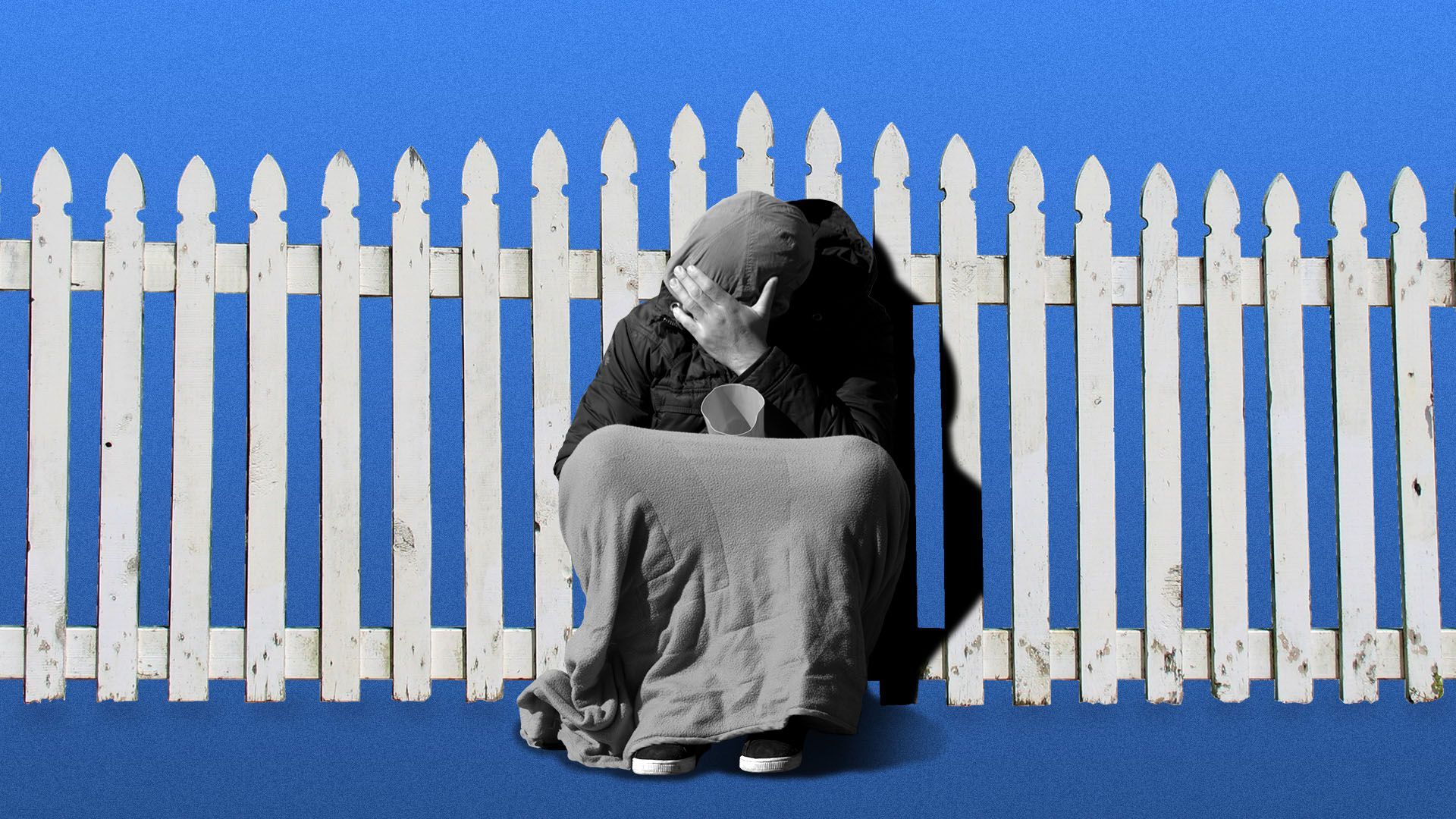 Illustration of a homeless person sitting in front of a white picket fence