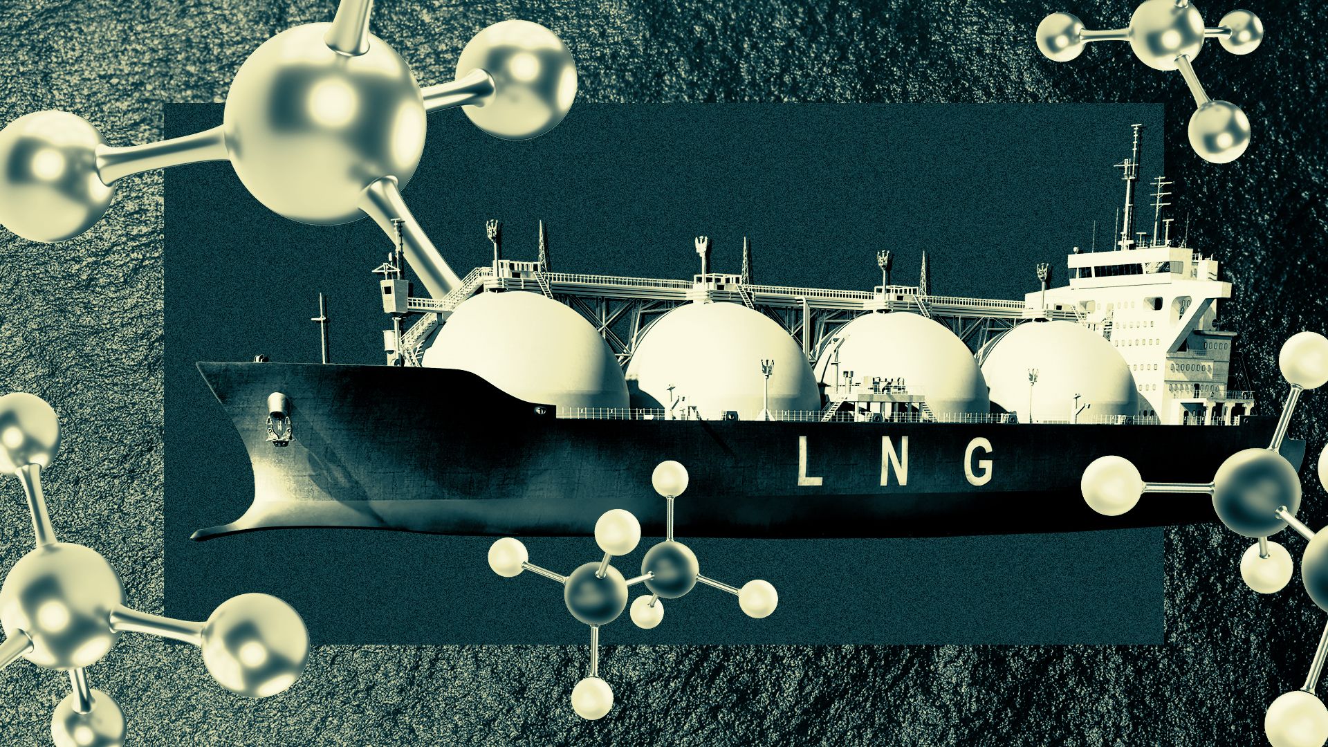 Illustration of a liquid natural gas (LNG) tanker collaged with molecules. 