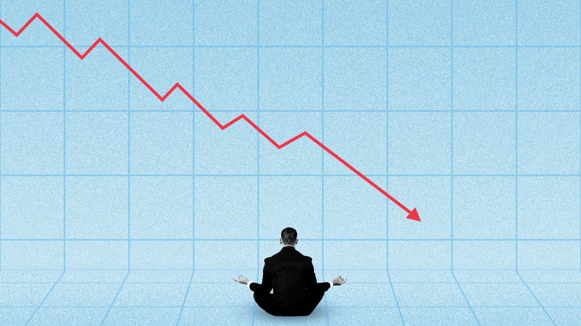 Illustration of a man meditating in front of a downward trending arrow.