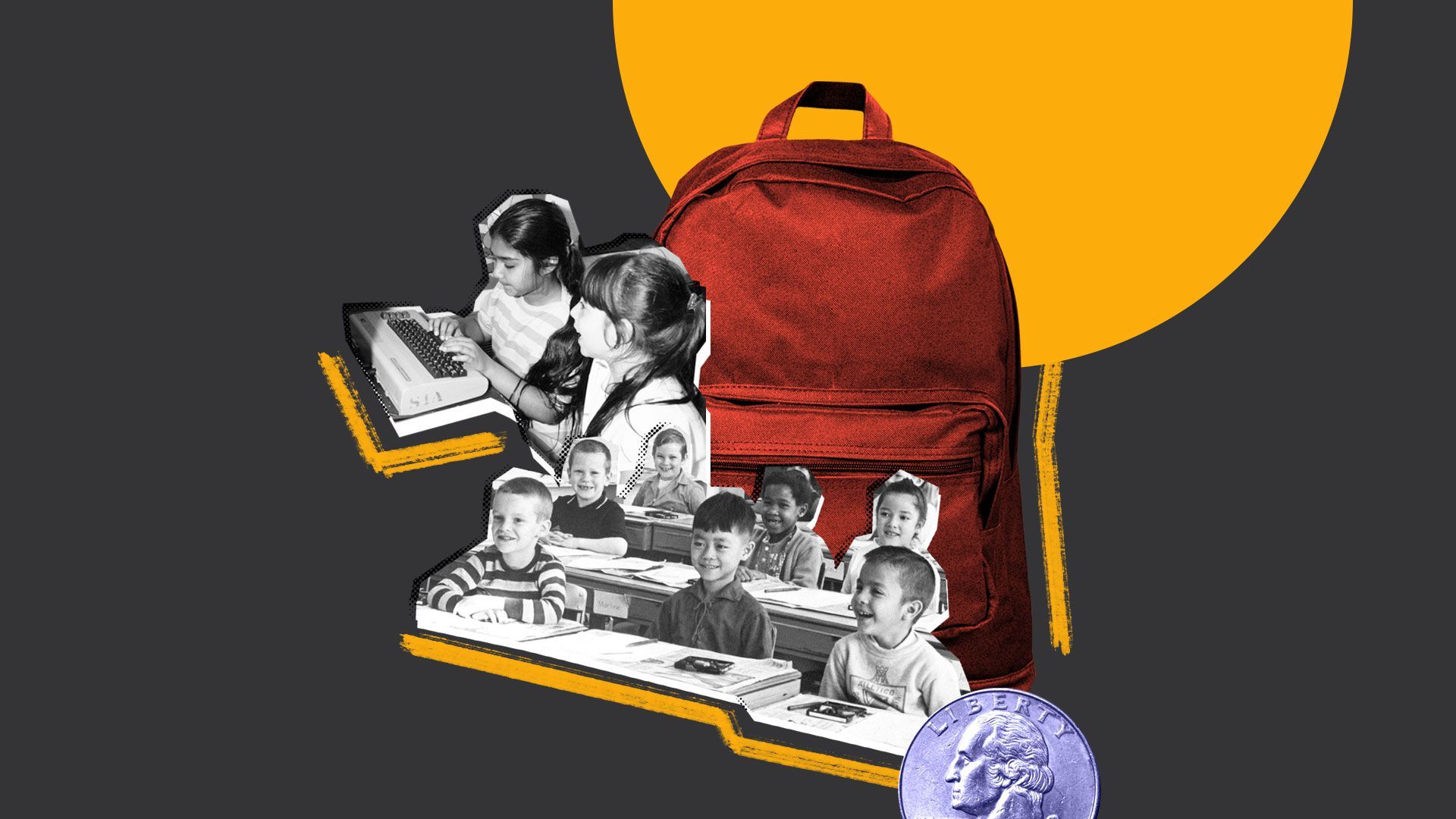 Photo illustration of children on a vintage computer keyboard, students smiling as their desks, and a quarter