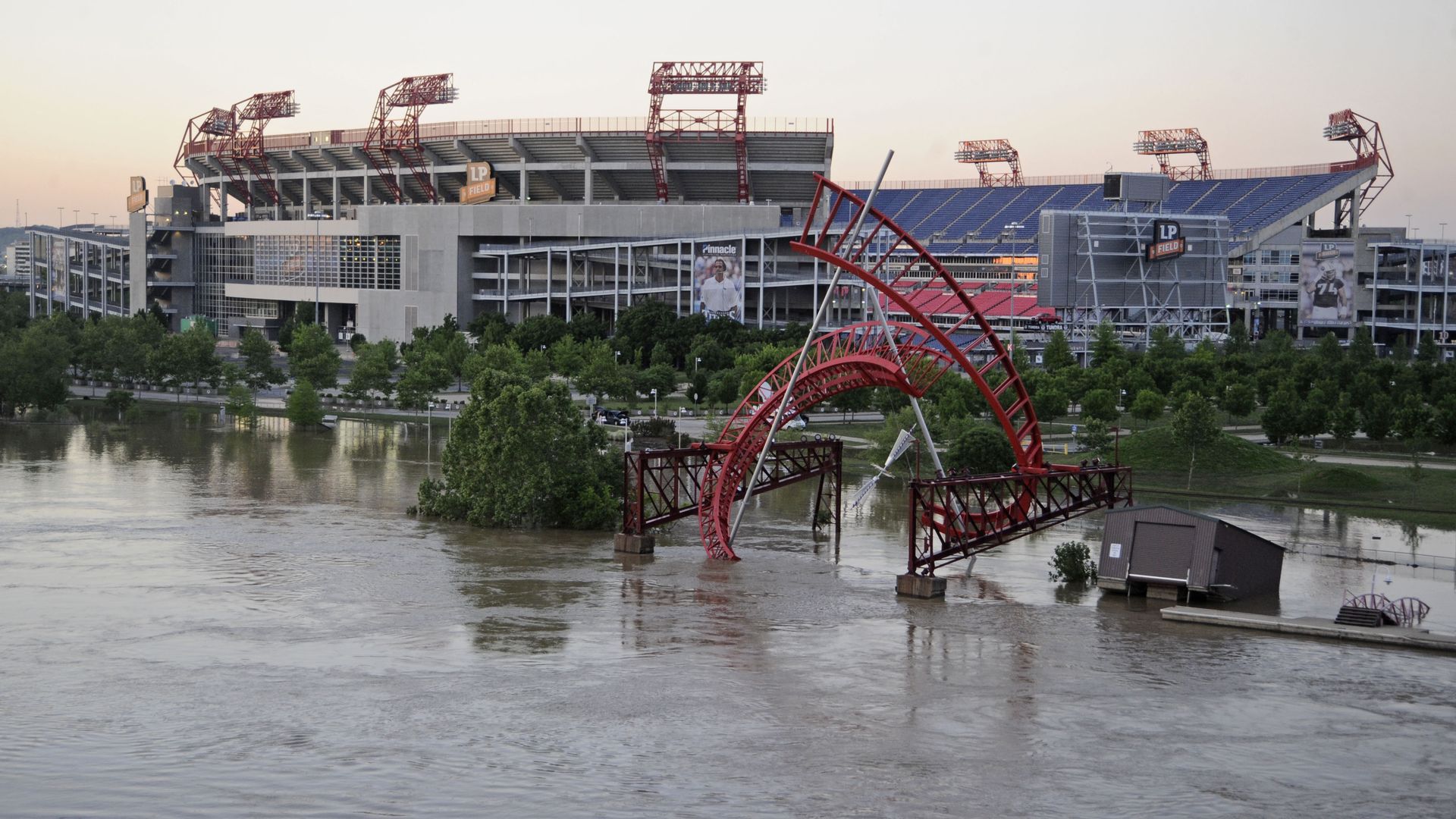 Floodwater surrounding the Titans stadium during the 2010 flood.