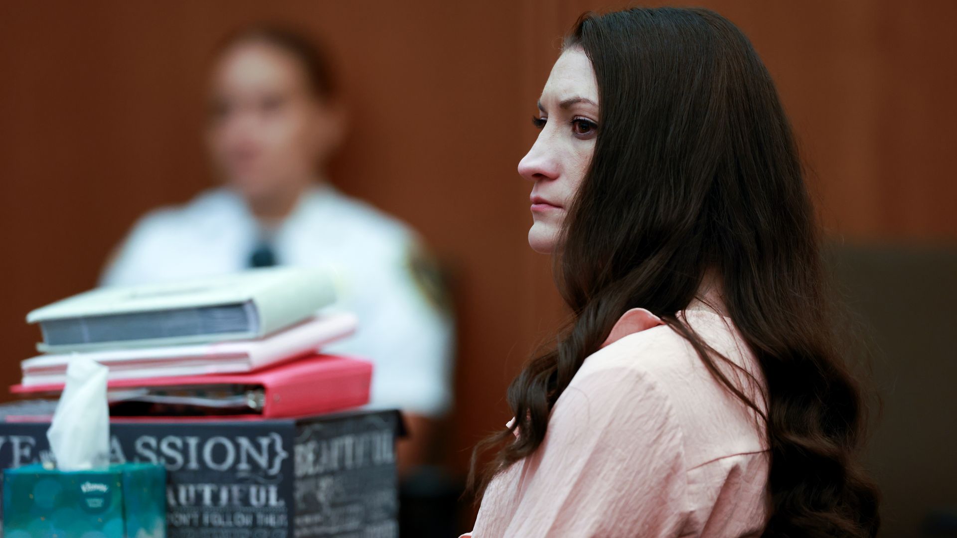 Lindsay Clancy, who is on trial for the murder of her three children, listens to testimony from the defense table at Plymouth Superior Court on August 18, 2026.